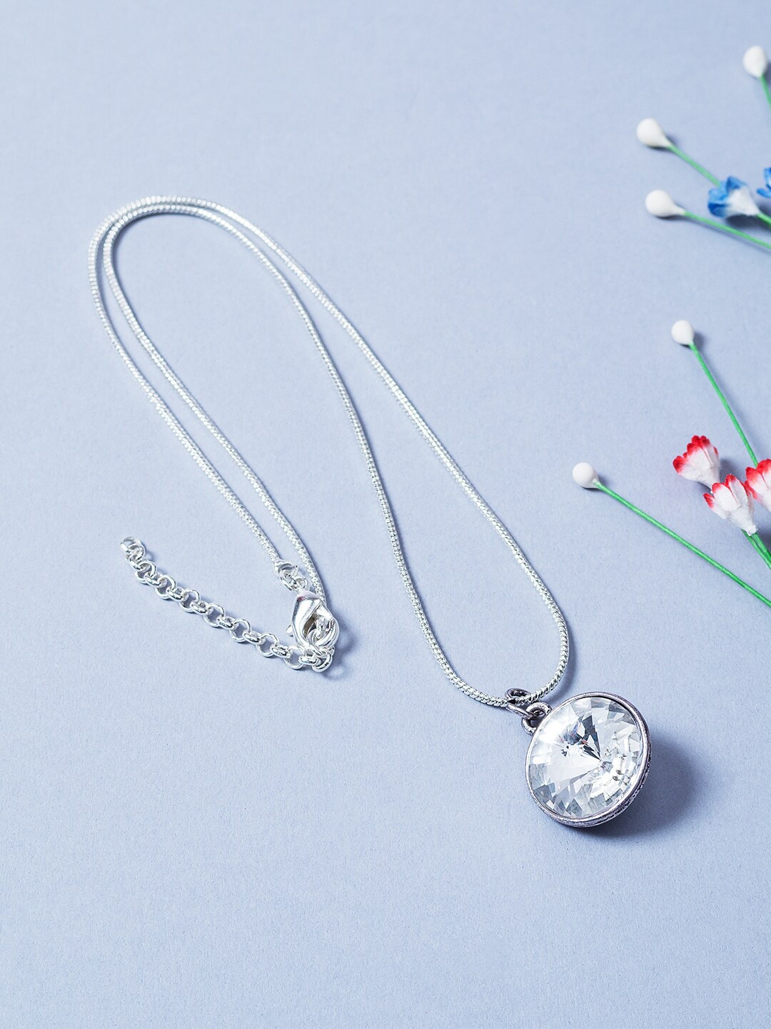

Golden Peacock Silver-Toned & White Stone-Studded Round-Shaped Pendant With Chain