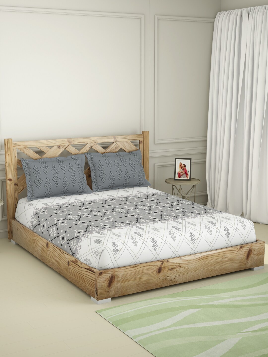 

SPACES Grey & Off White Geometric 144 TC Queen Bedsheet with 2 Pillow Covers