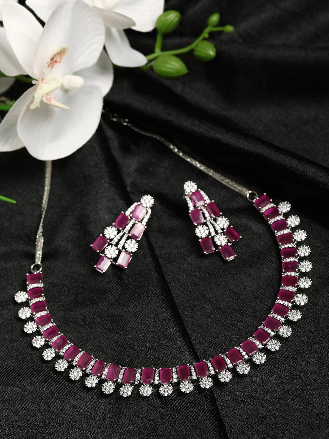 

Priyaasi Silver Plated Pink Ruby American Diamond Jewellery Set