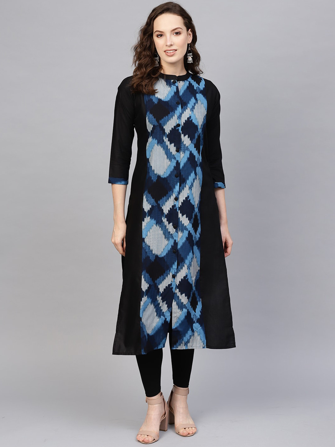 

Indo Era Women Black & Blue Printed Panelled Kurta