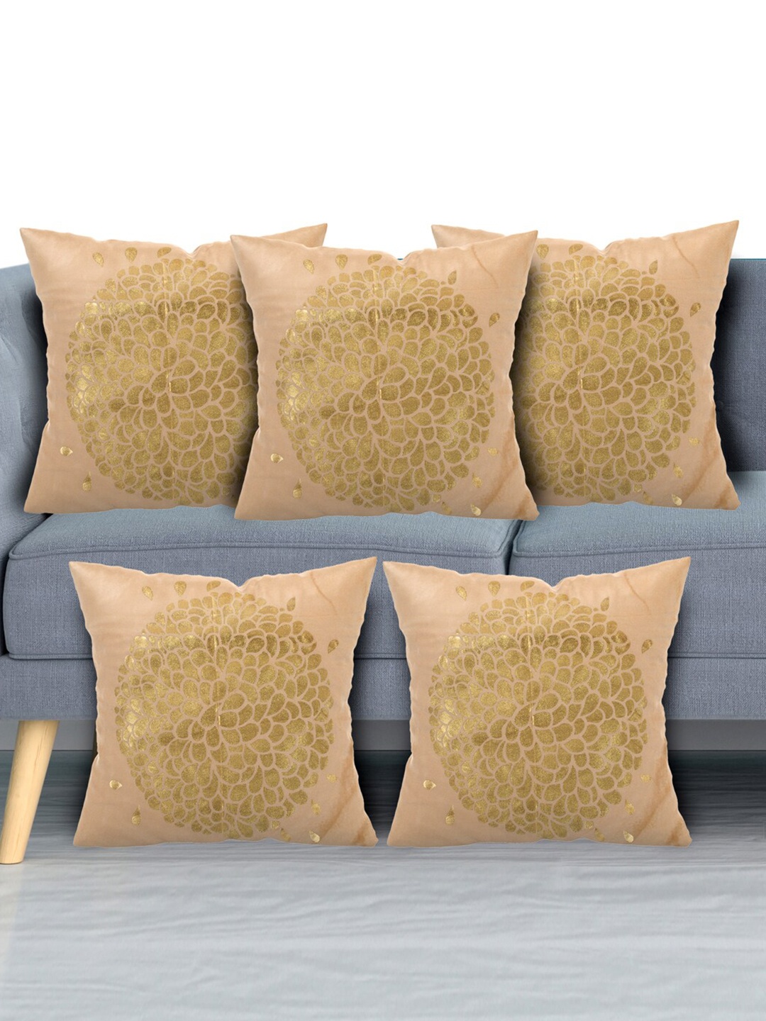 

Kuber Industries Cream & Gold-Toned Set of 5 Ethnic Motifs Velvet Square Cushion Covers