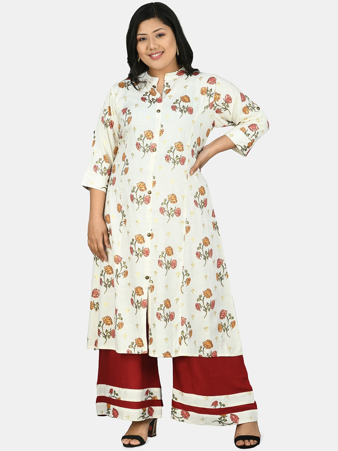 

PrettyPlus by Desinoor.com Women Off White Floral Printed Kurta with Palazzos
