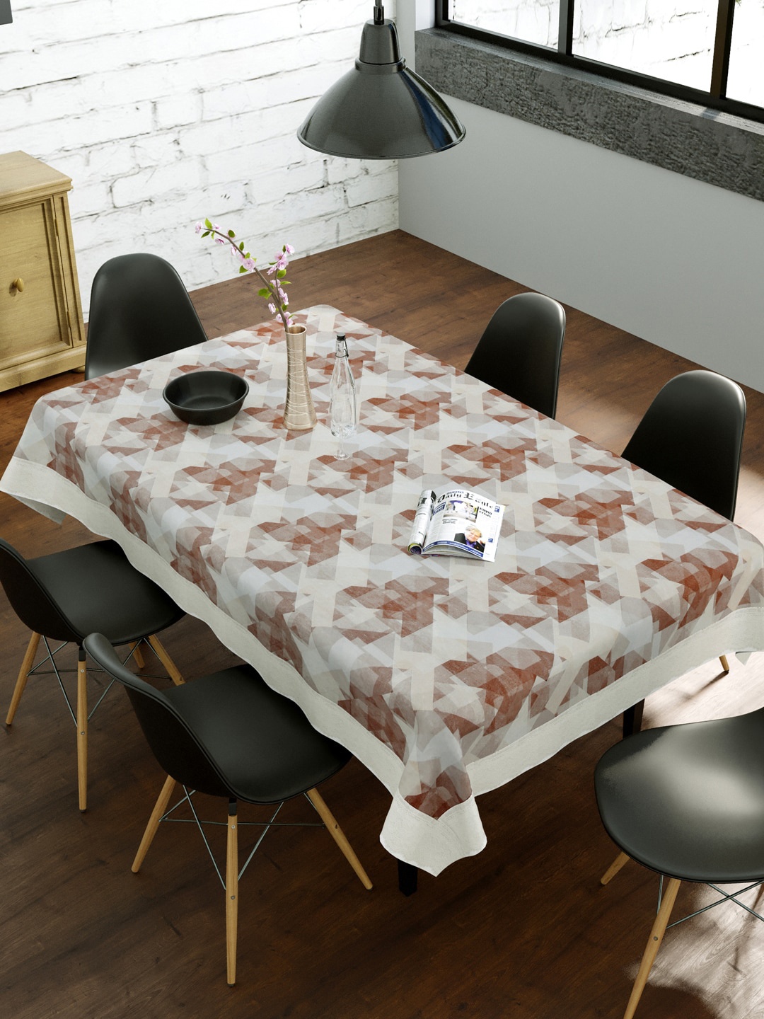 Clasiko Brown & White Geometric 6 Seater Dining Table Cover