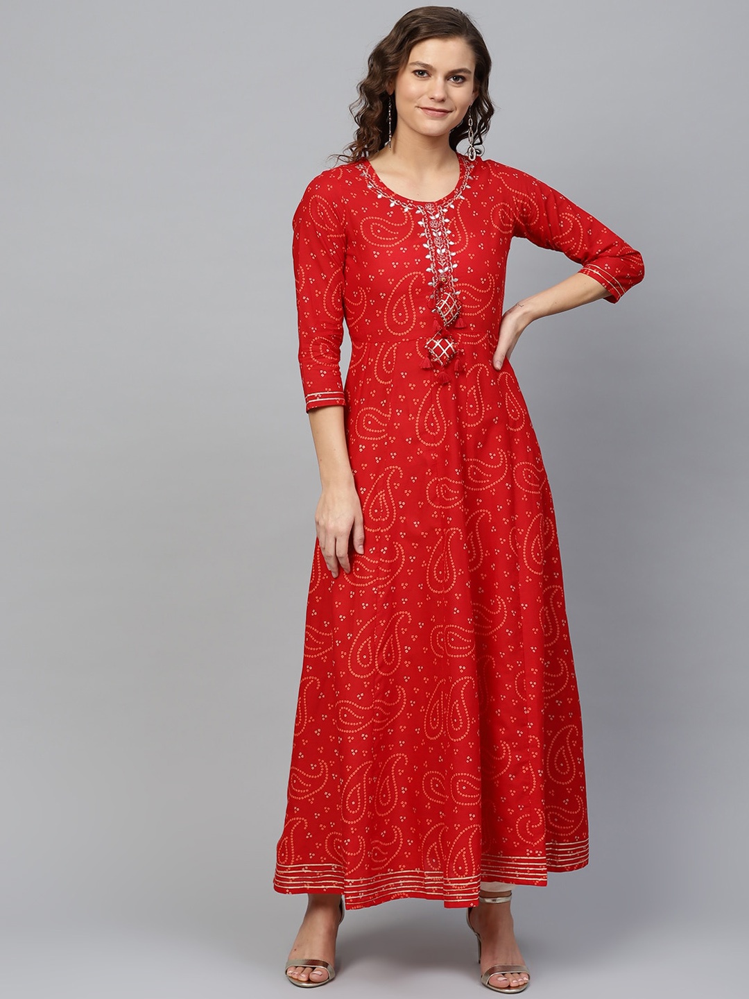 

Ishin Women Red Bandhani Printed Gotta Patti Anarkali Kurta