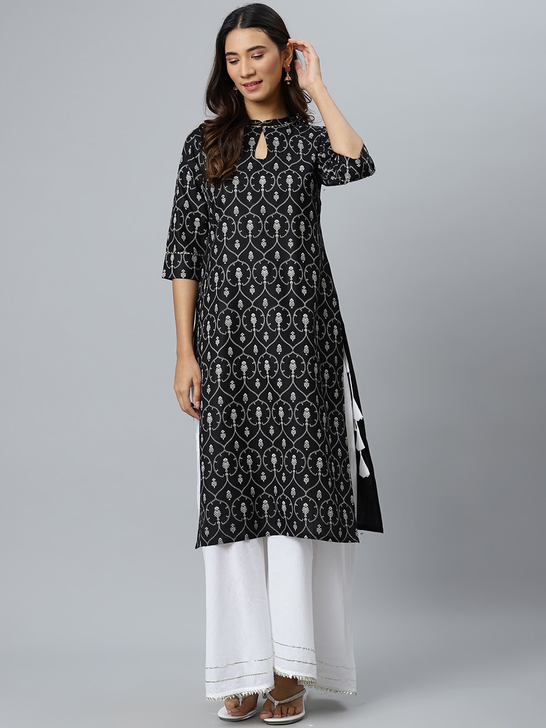 Gerua By Libas Women Black Embroidered Keyhole Neck Kurta