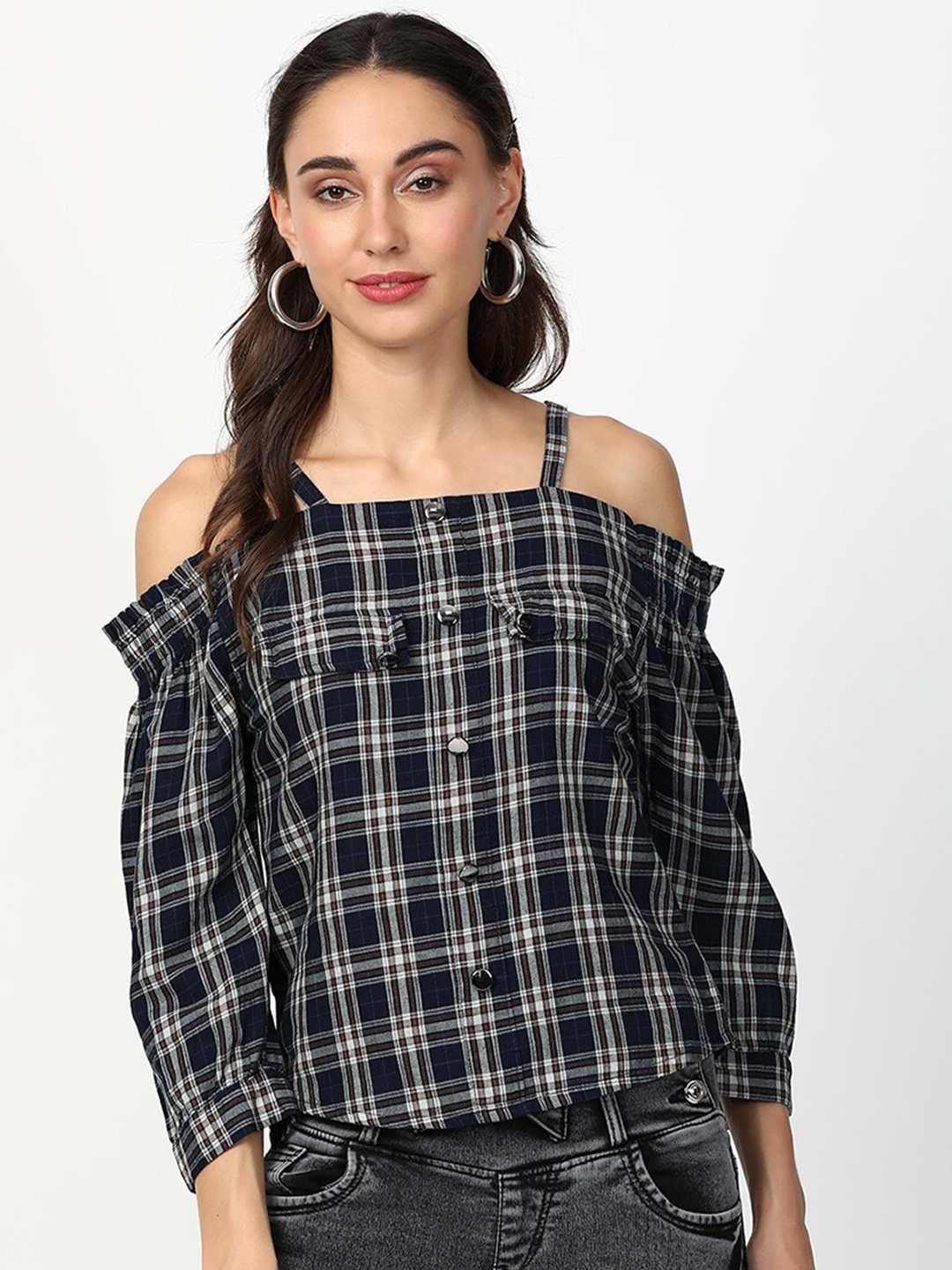 

V2 Value & Variety Navy Blue & Brown Checked Bardot Top