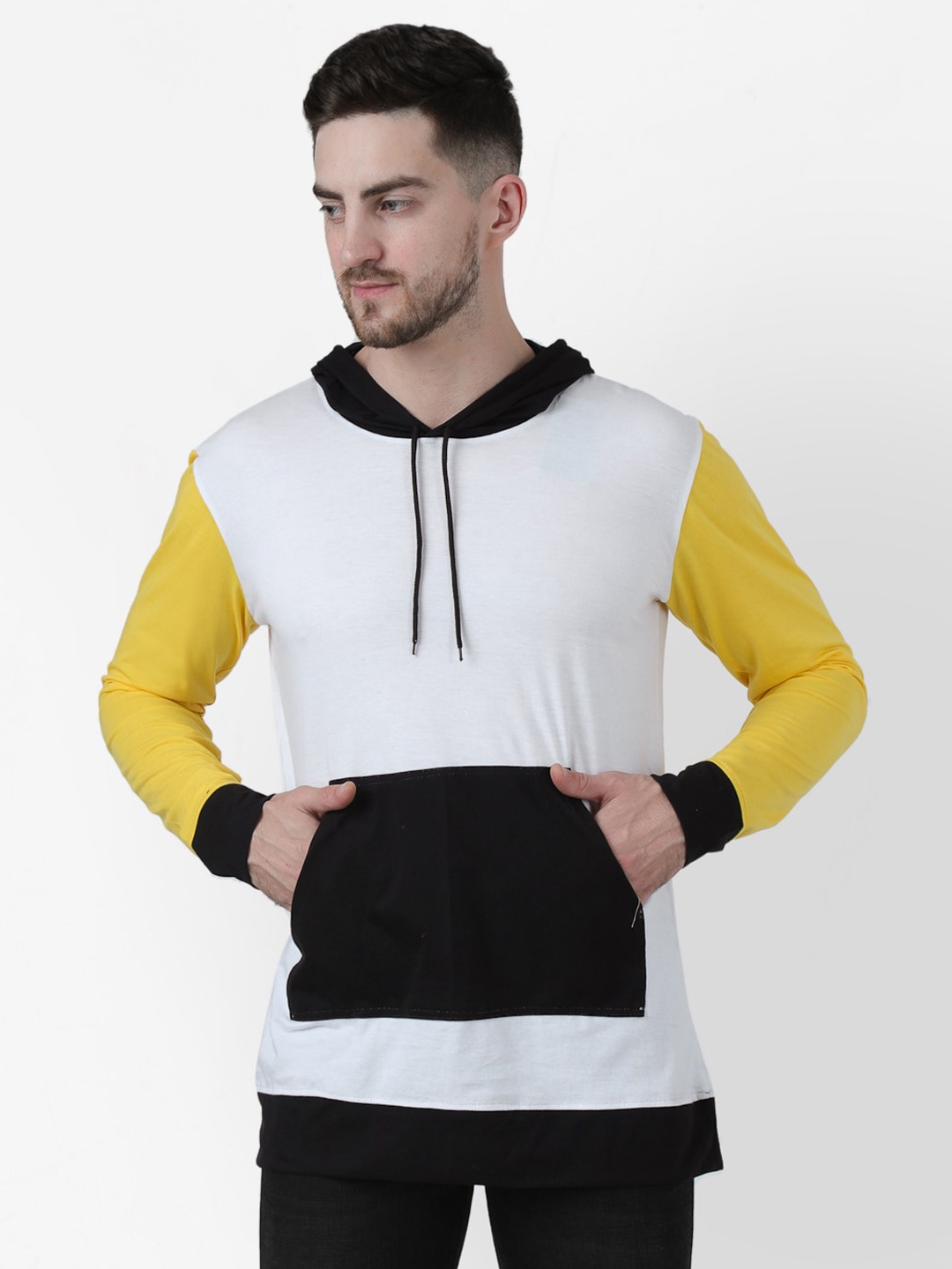 

PAUSE SPORT Men White & Yellow Colourblocked Slim Fit Hooded T-shirt
