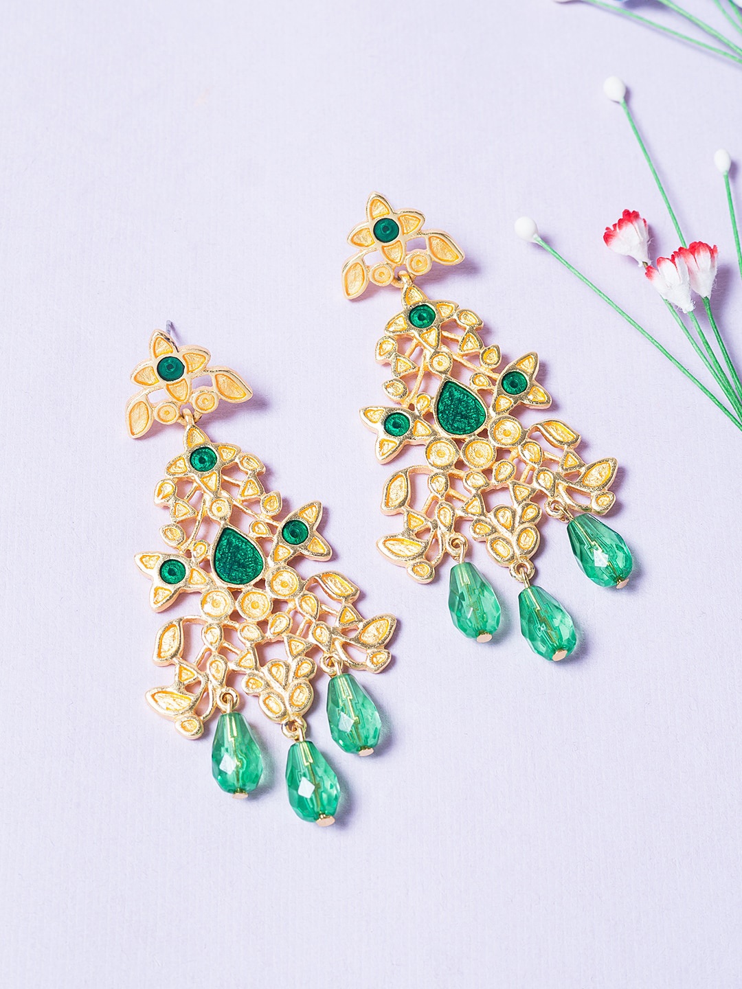 

Golden Peacock Gold & Green Contemporary Jhumkas Earrings