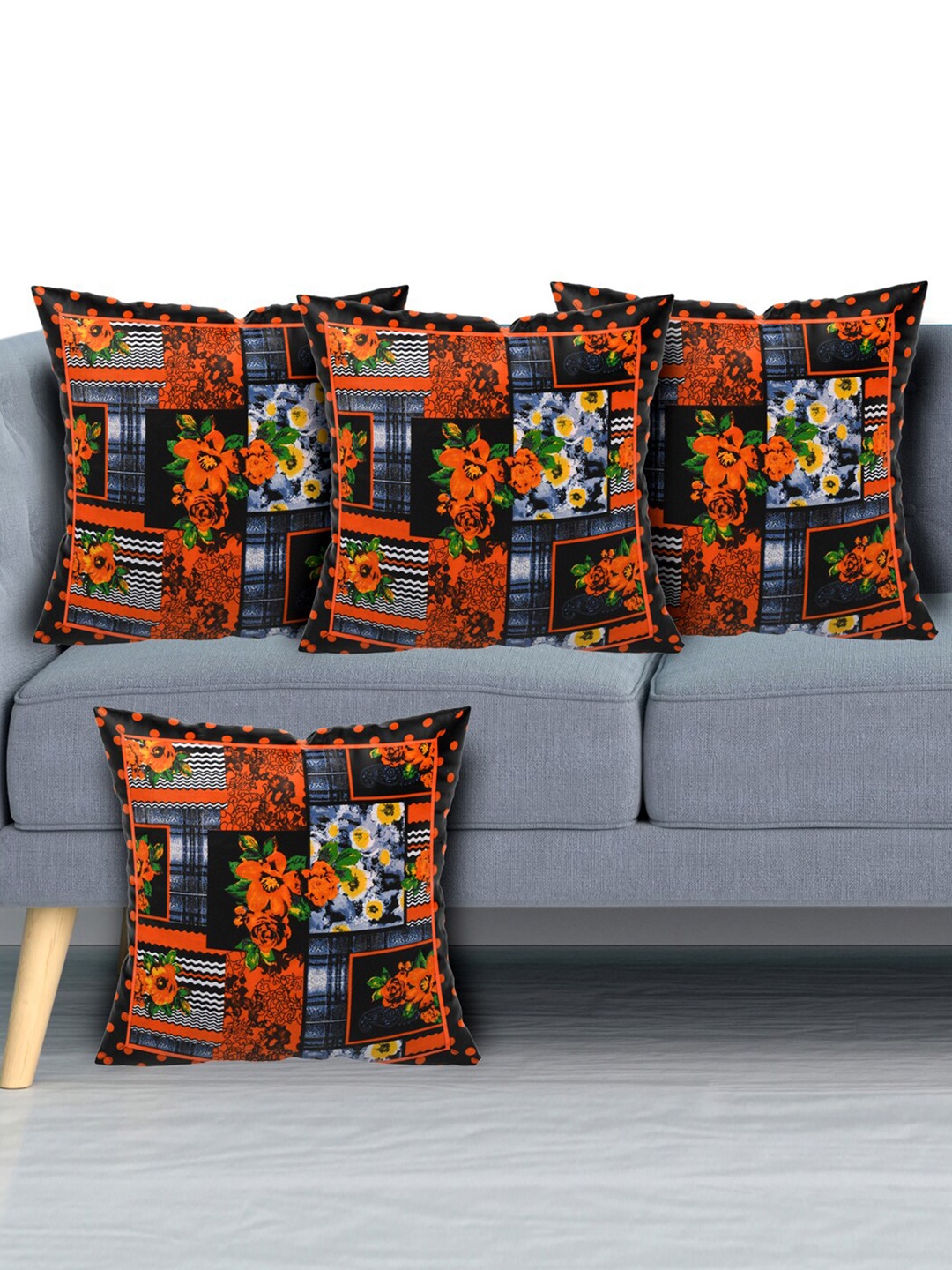 

Kuber Industries Set Of 4 Black & Orange Abstract Square Cushion Covers