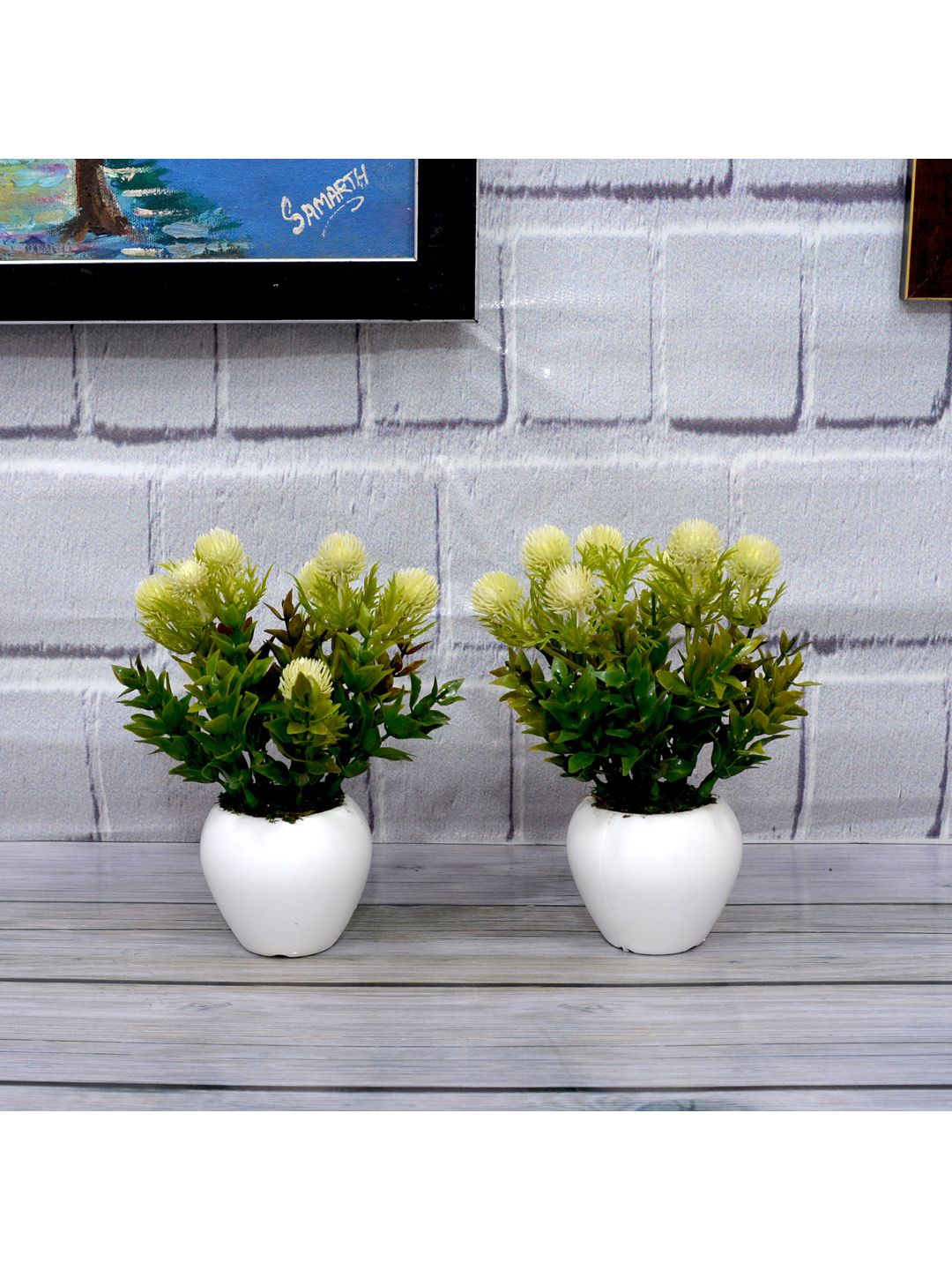 

fancy mart Set Of 2 Pink & Green Artificial Formosan Plant With Apple Pot, White