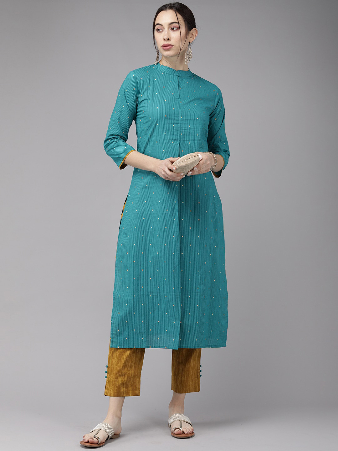 

Indo Era Women Green & Brown Striped Kurta With Trousers