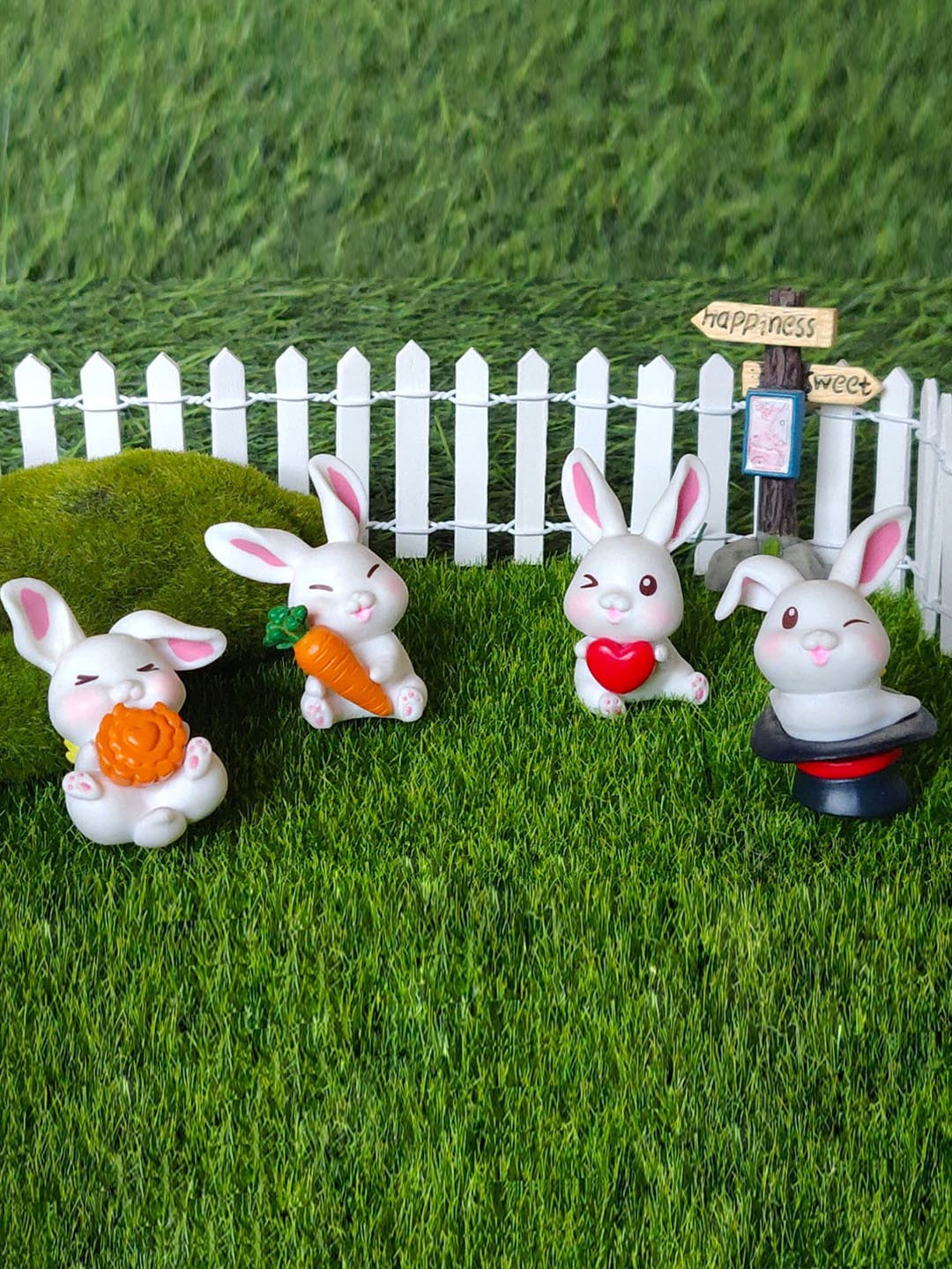 

Wonderland Set Of 4 White & Pink Bunnies With Ears Up Miniature Garden Accessories