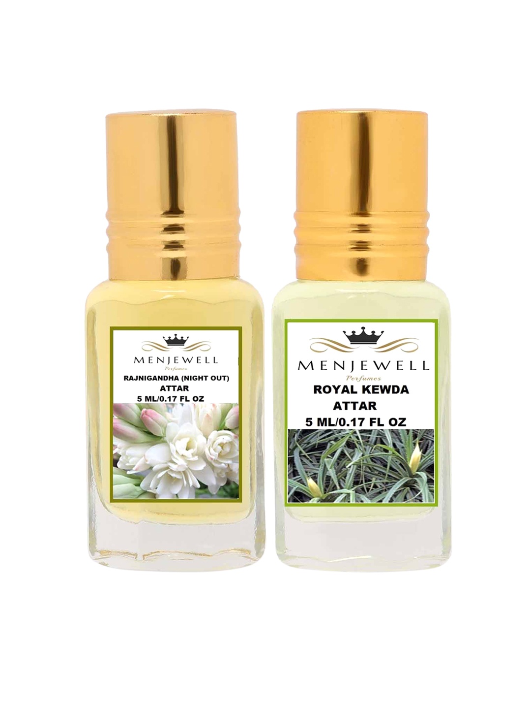 

Menjewell Set of 2 Rajnigandha & Royal Kewda Attar 10 ml, Transparent