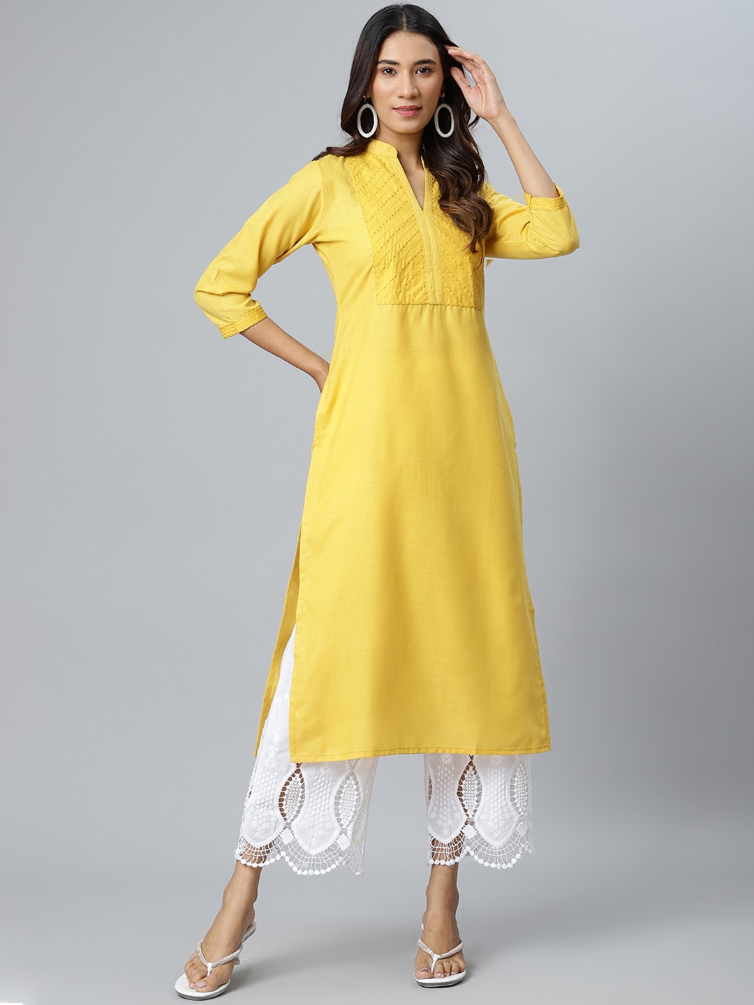 Gerua By Libas Women Yellow Yoke Design Thread Work Straight Kurta