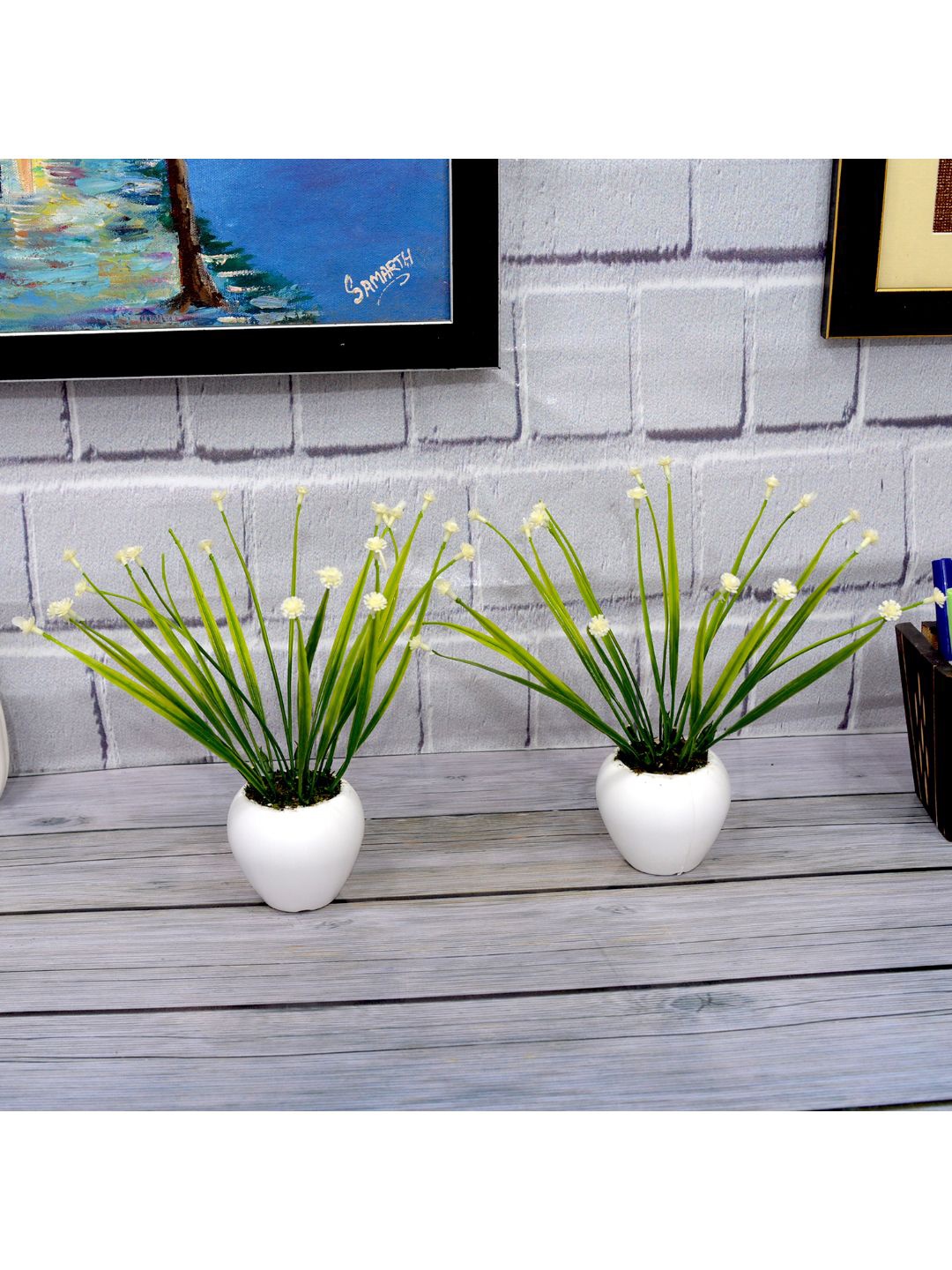 

fancy mart Set Of 2 White Artificial Button Flower in Small Apple Pot