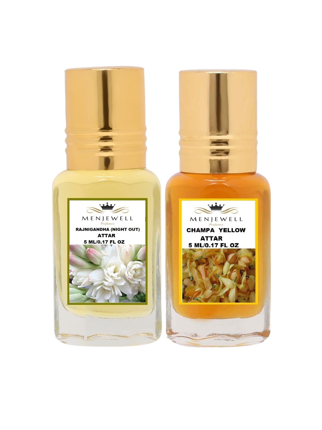 

Menjewell Pack of 2 Rajnigandha Champa Yellow Attar 10 ml, Transparent