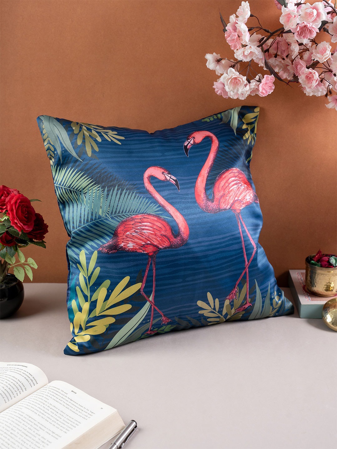 

KOLOROBIA Blue & Pink Set of 2 Quirky Satin Square Cushion Covers