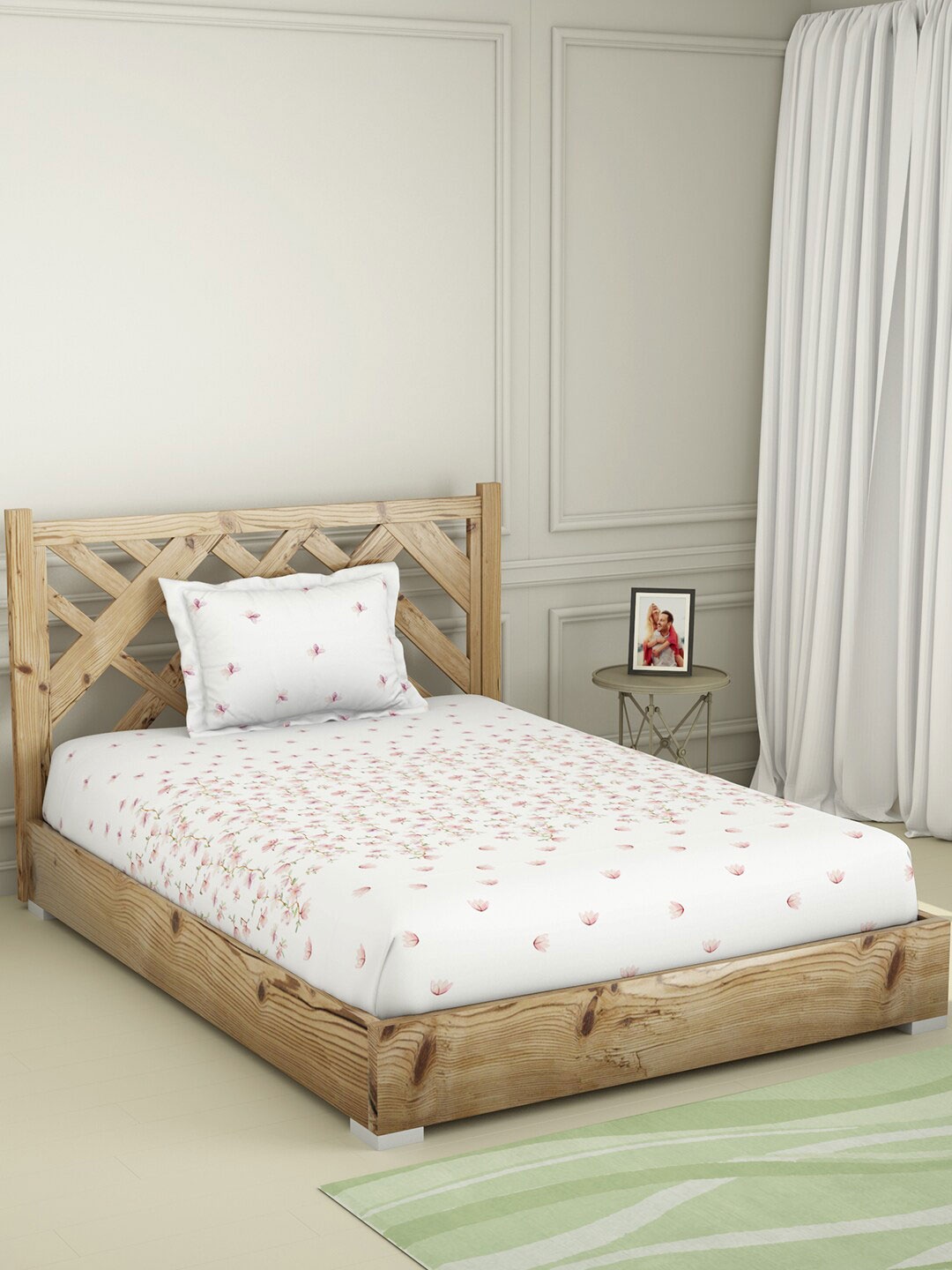

SPACES White & Pink Floral 144 TC Single Bedsheet with 1 Pillow Covers