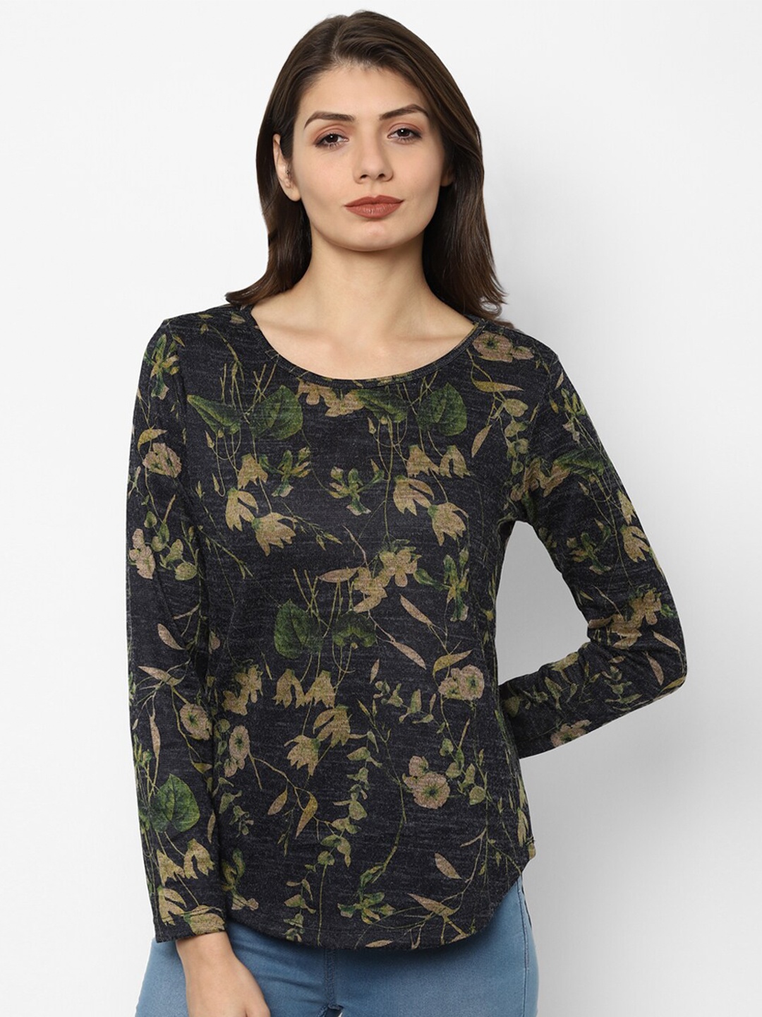 

Allen Solly Woman Women Grey & Brown Floral Regular Top