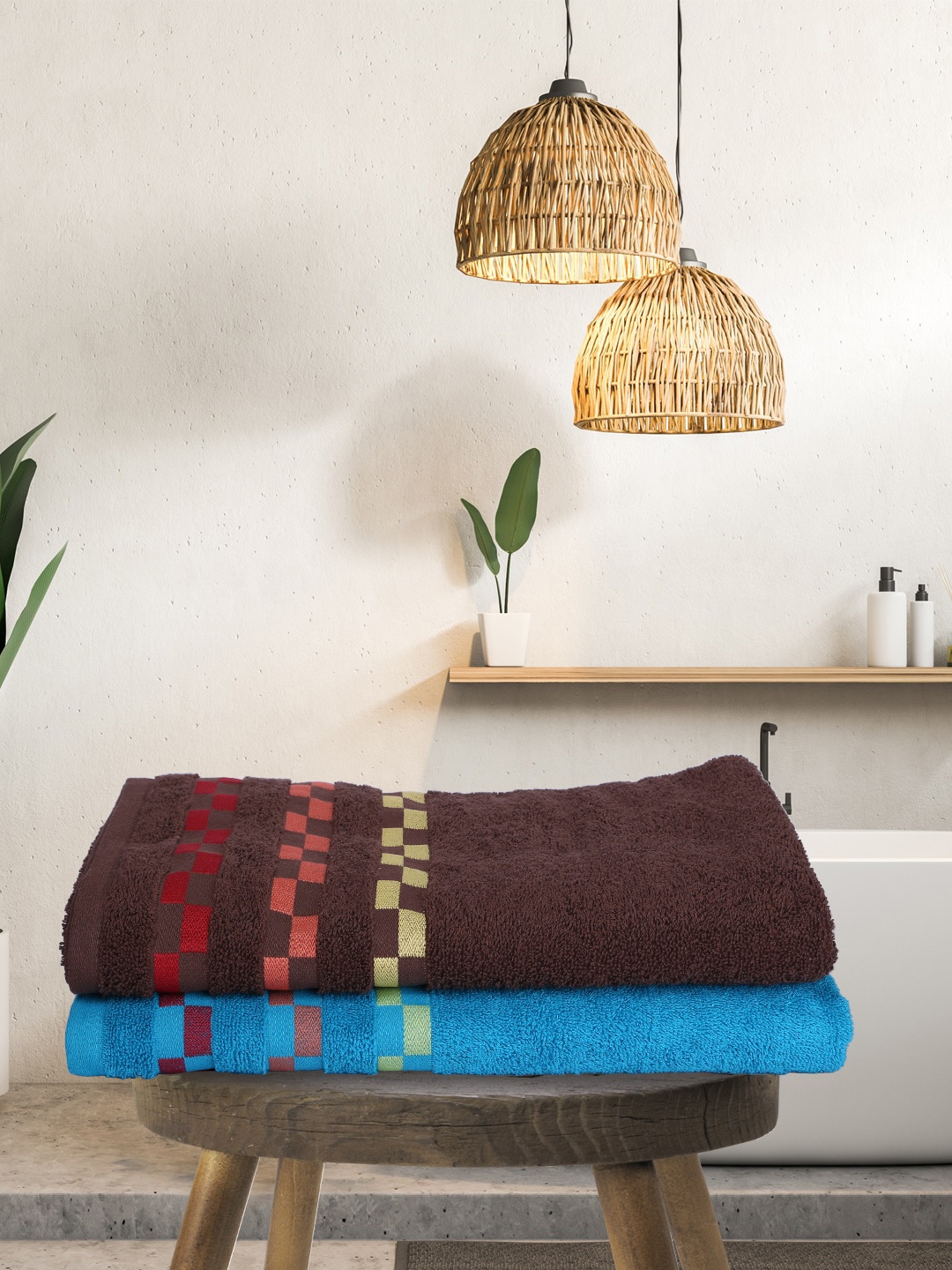 

BIANCA Set Of 2 Brown & Blue Solid 450 GSM Pure Combed Cotton Bath Towels