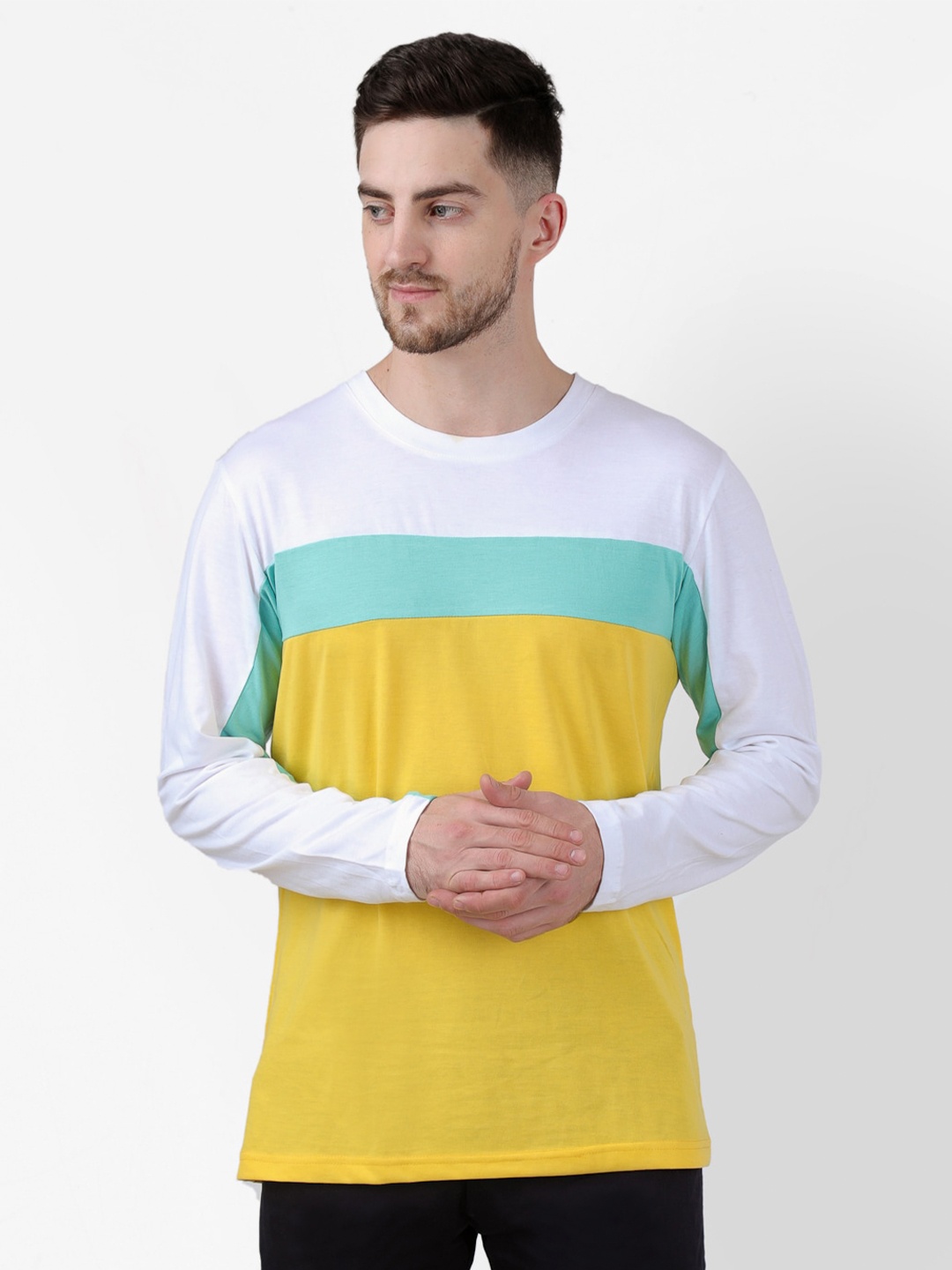 

PAUSE SPORT Men White & Yellow Colourblocked Slim Fit T-shirt