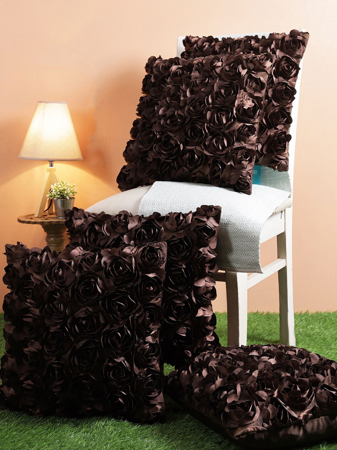 

ROMEE Brown Set of 5 Floral Square Cushion Covers