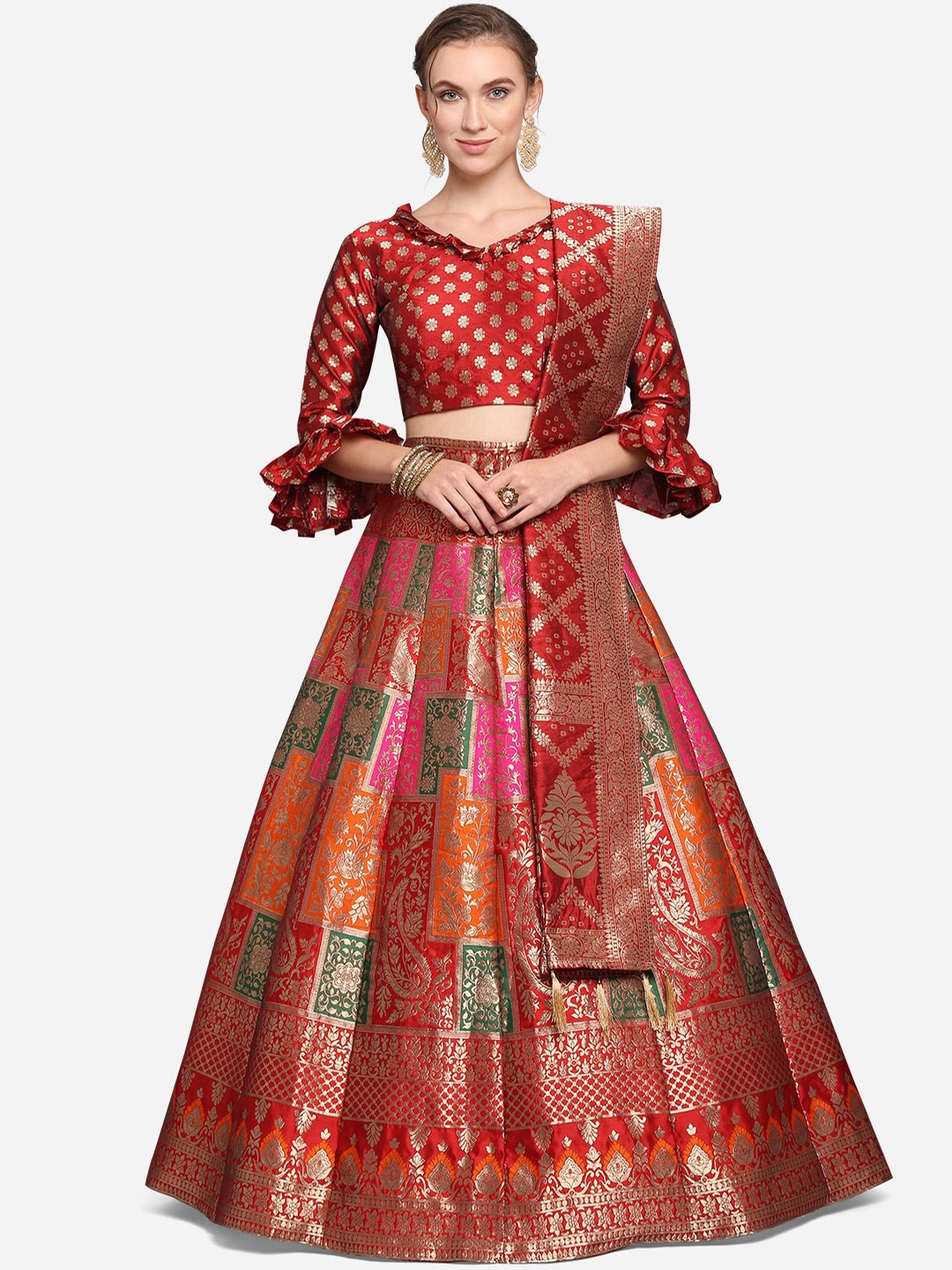

PURVAJA Red & Pink Ikat Semi-Stitched Lehenga & Unstitched Blouse With Dupatta