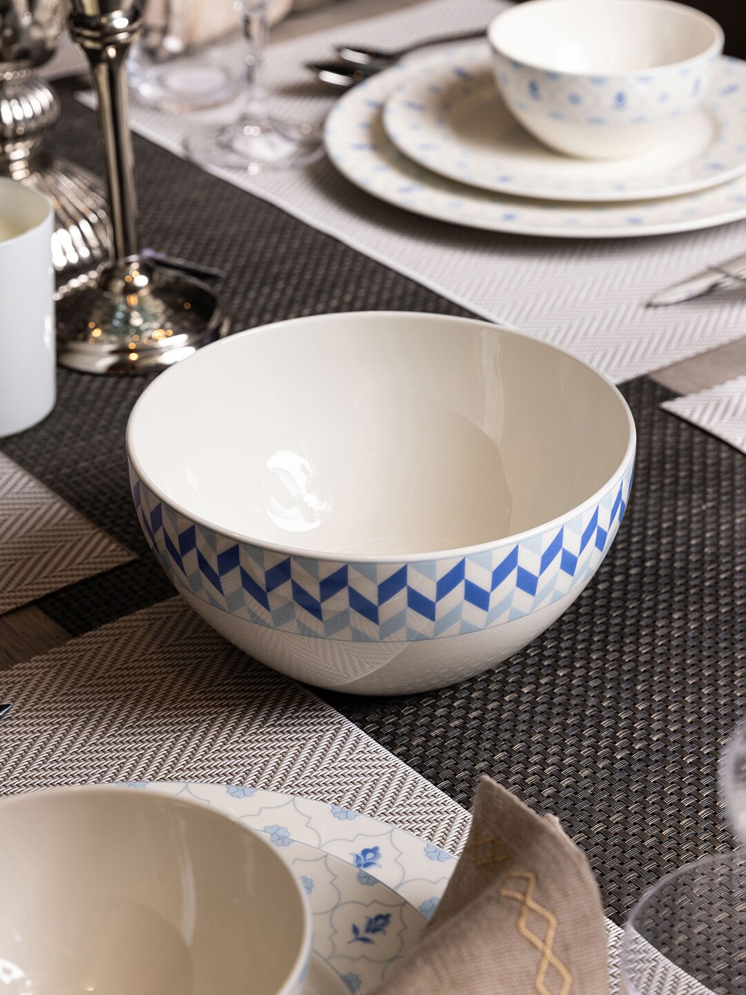 

Pure Home and Living White & Blue Printed Serving Bowl