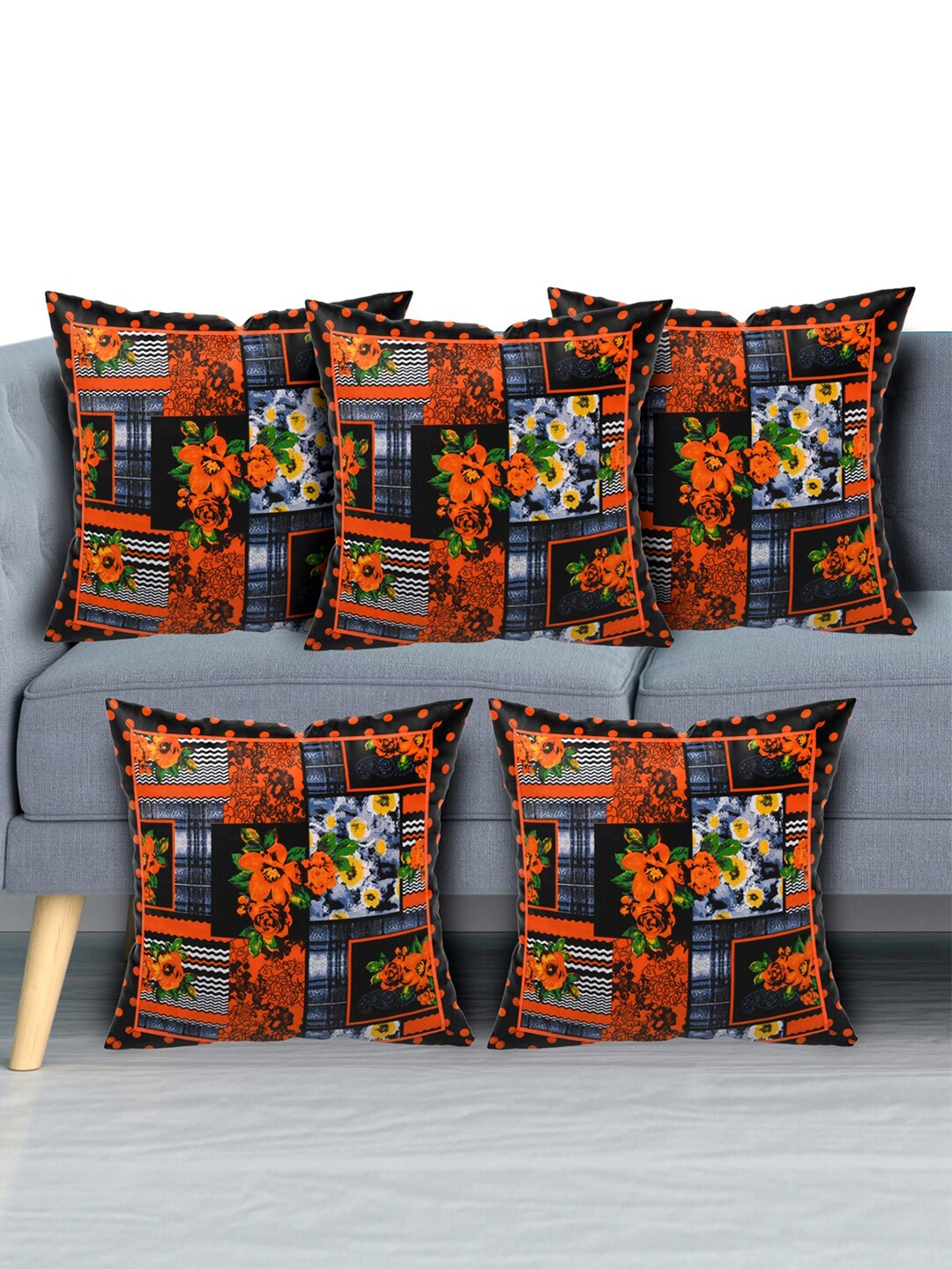 

Kuber Industries Black & Orange Set of 5 Floral Square Cushion Covers