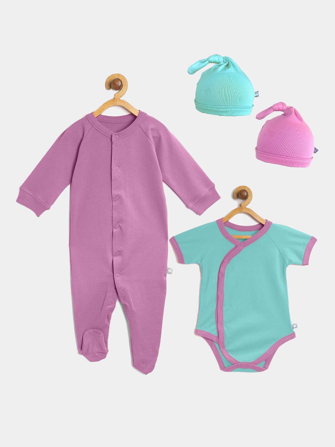 cherrytoes Pack Of 4 Infant kids Solid Footie Onesie and Beanie, Purple