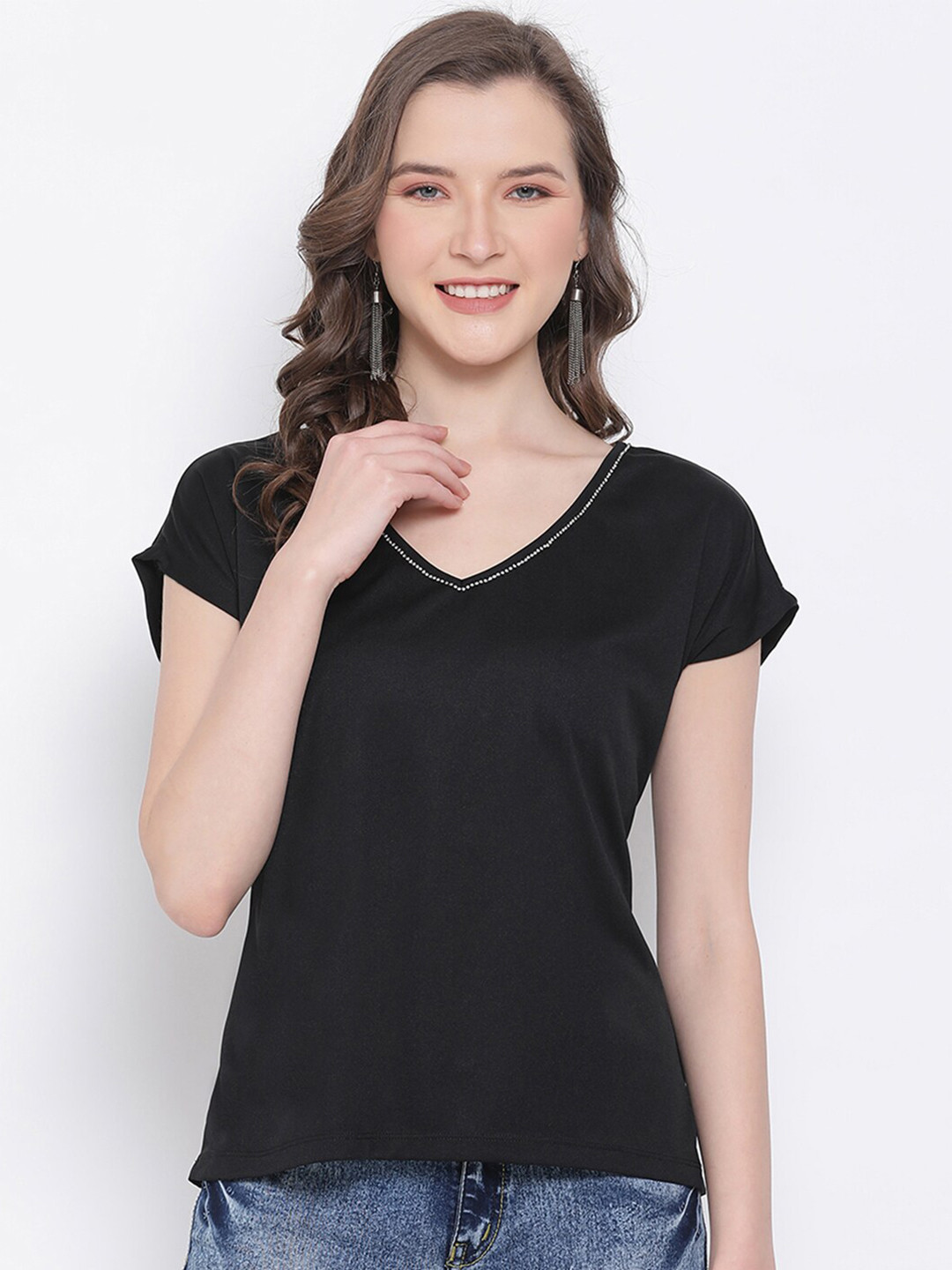 

LY2 Black Crystals Embellished V Neck Extended Sleeves Regular Top