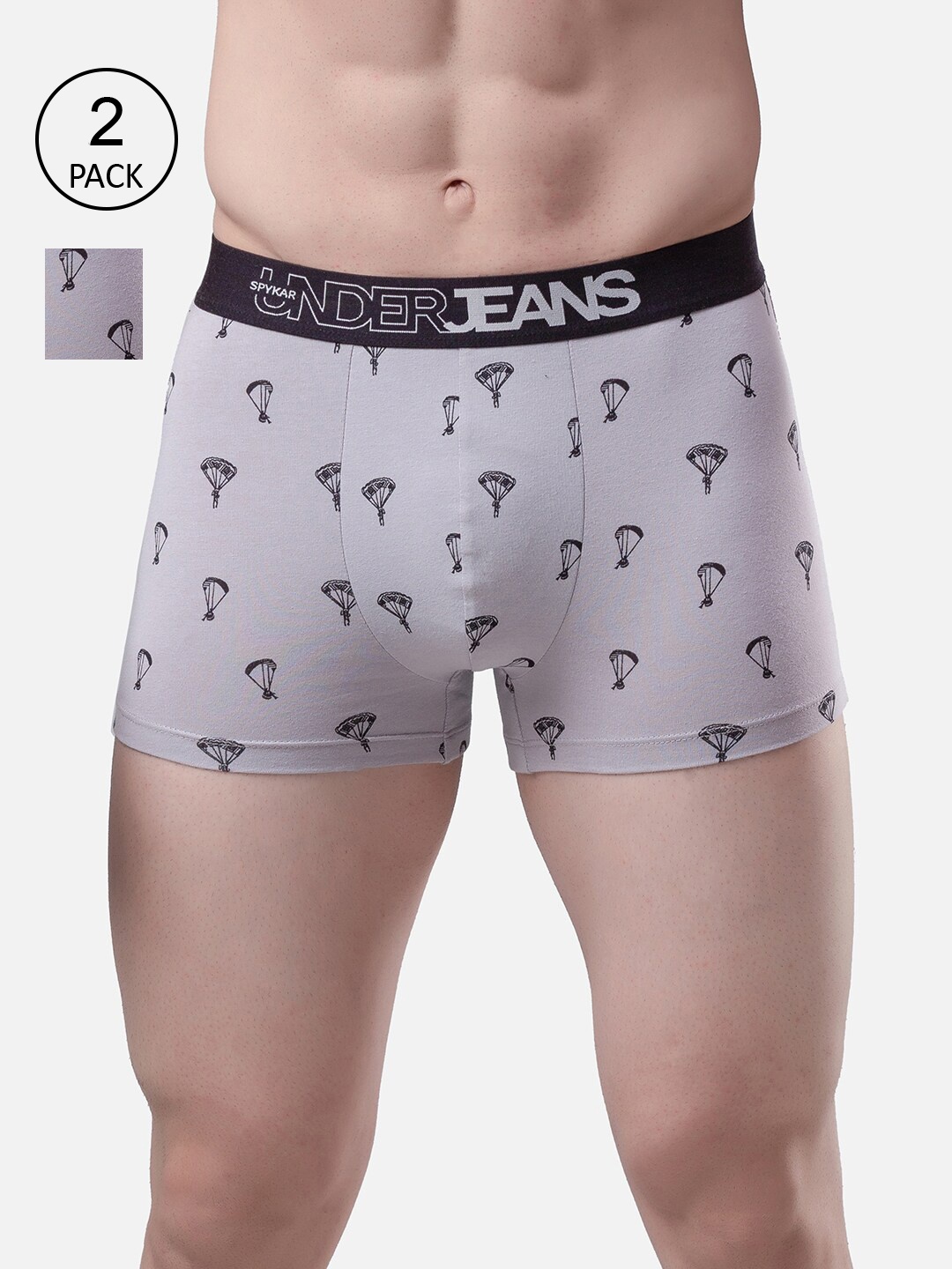 UnderJeans by Spykar Men Pack Of 2 Grey & Black Printed Trunks UJMTRPTC030