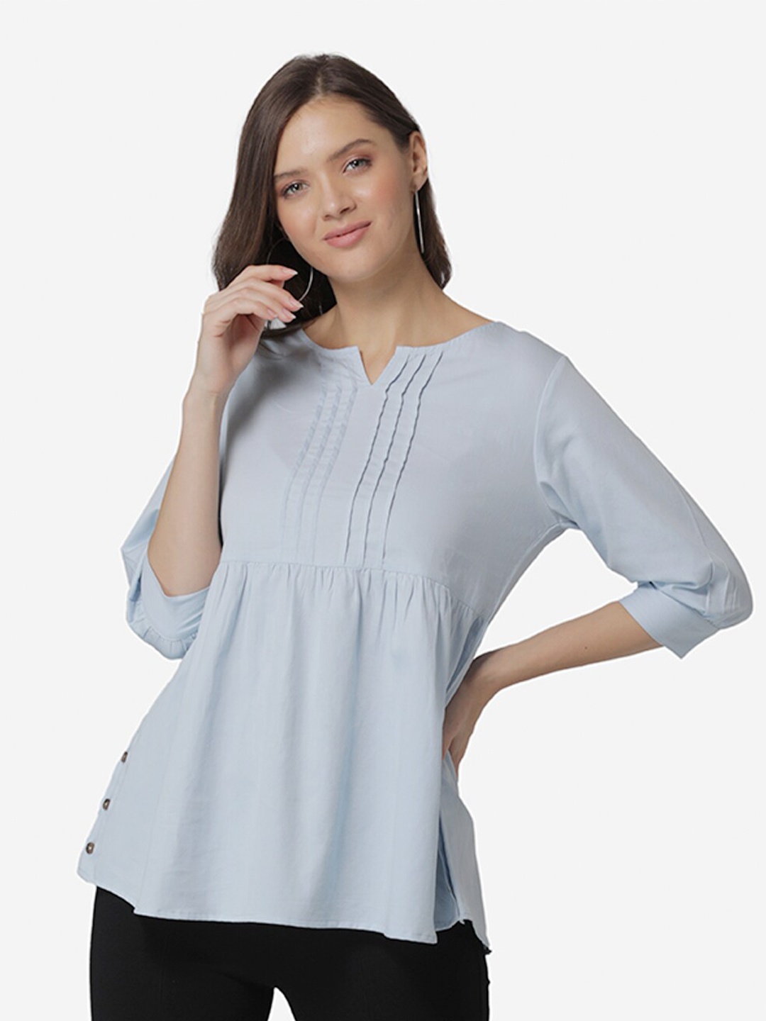 

Modriba Women Blue Cotton Round Neck Tunic