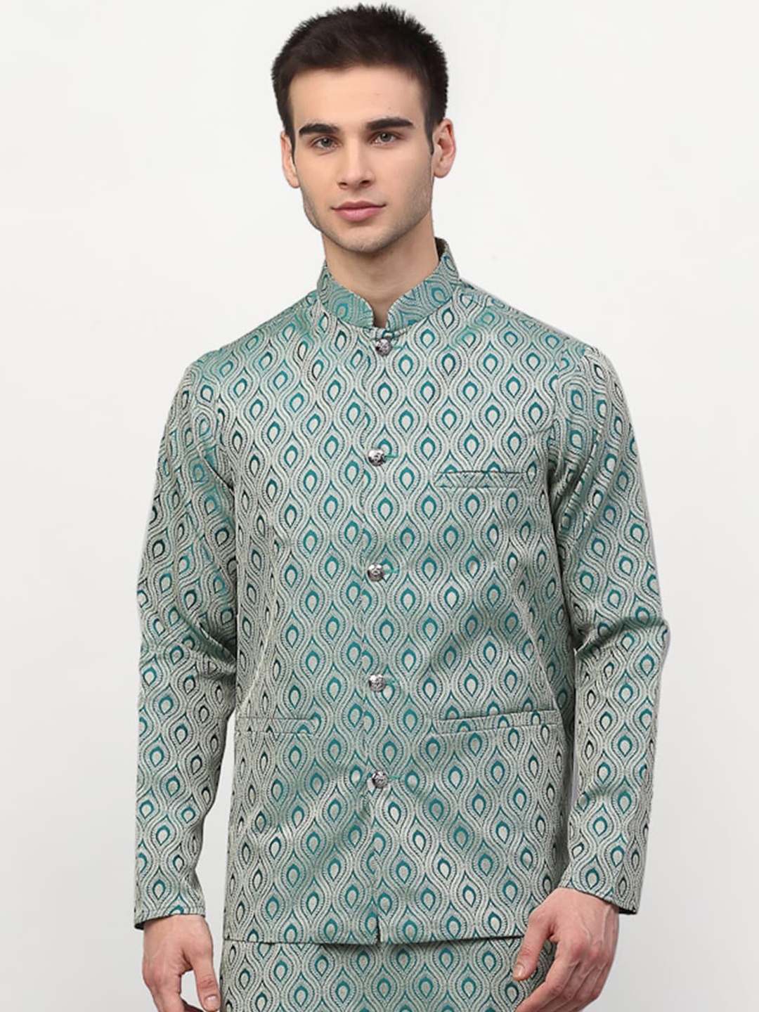 

Jompers Men Green Woven Design Nehru Jacket