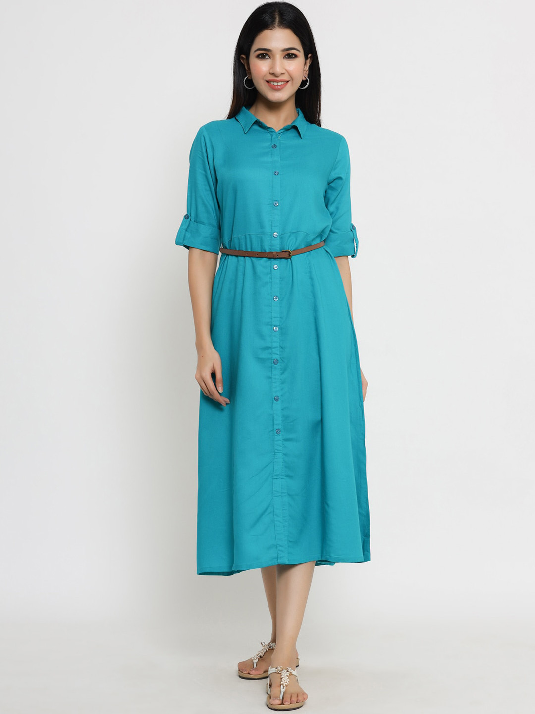 

Sangria Turquoise Blue Shirt Midi Dress With Waist Brown Belt