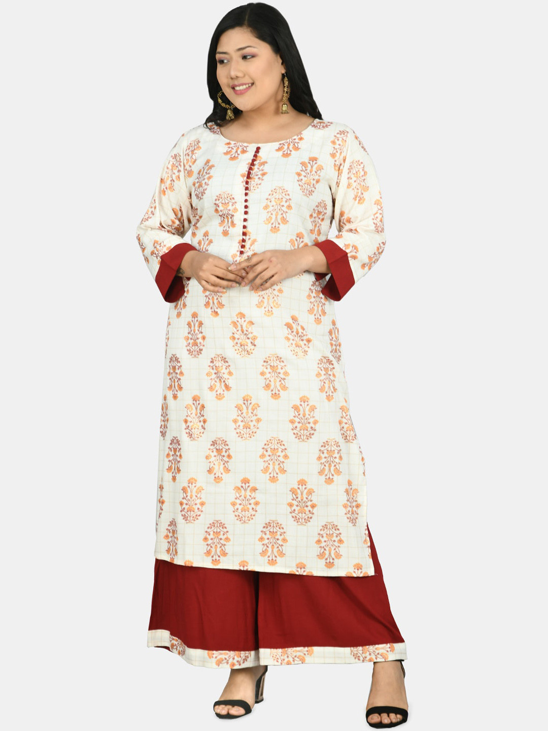 

PrettyPlus by Desinoor.com Women Off White & Maroon Floral Printed Kurta with Palazzos