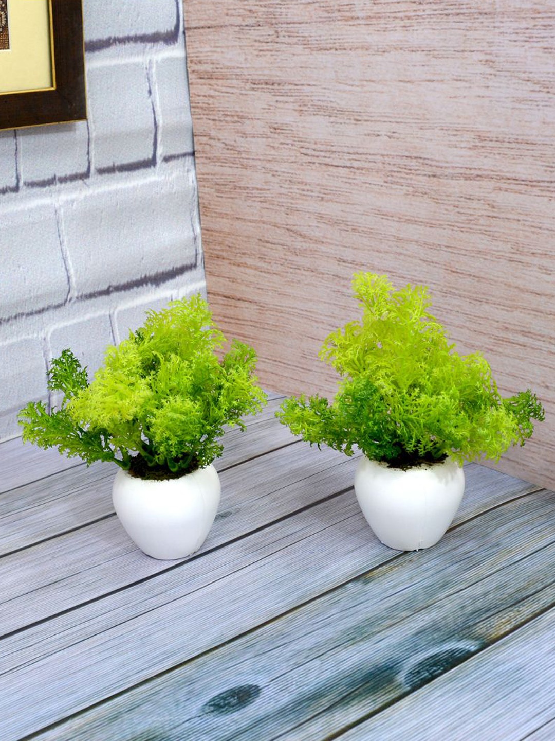 

fancy mart Set Of 2 Green Artificial Corriender Plant With Apple Pot