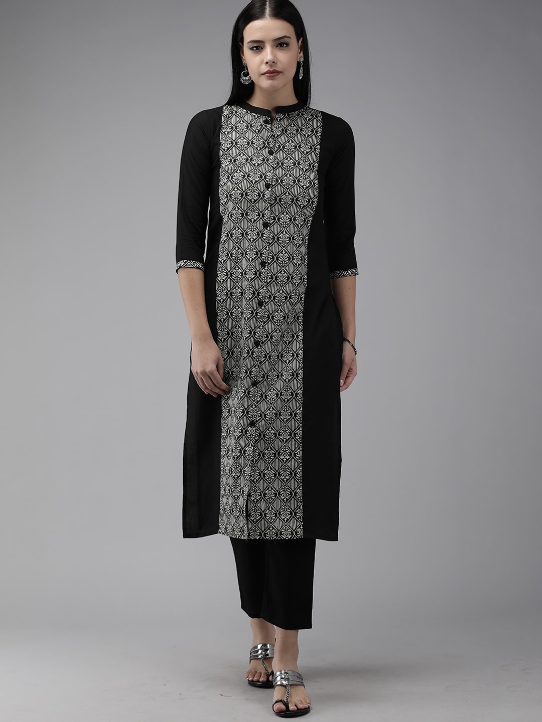 

Indo Era Women Black & White Ethnic Motifs Printed Kurta