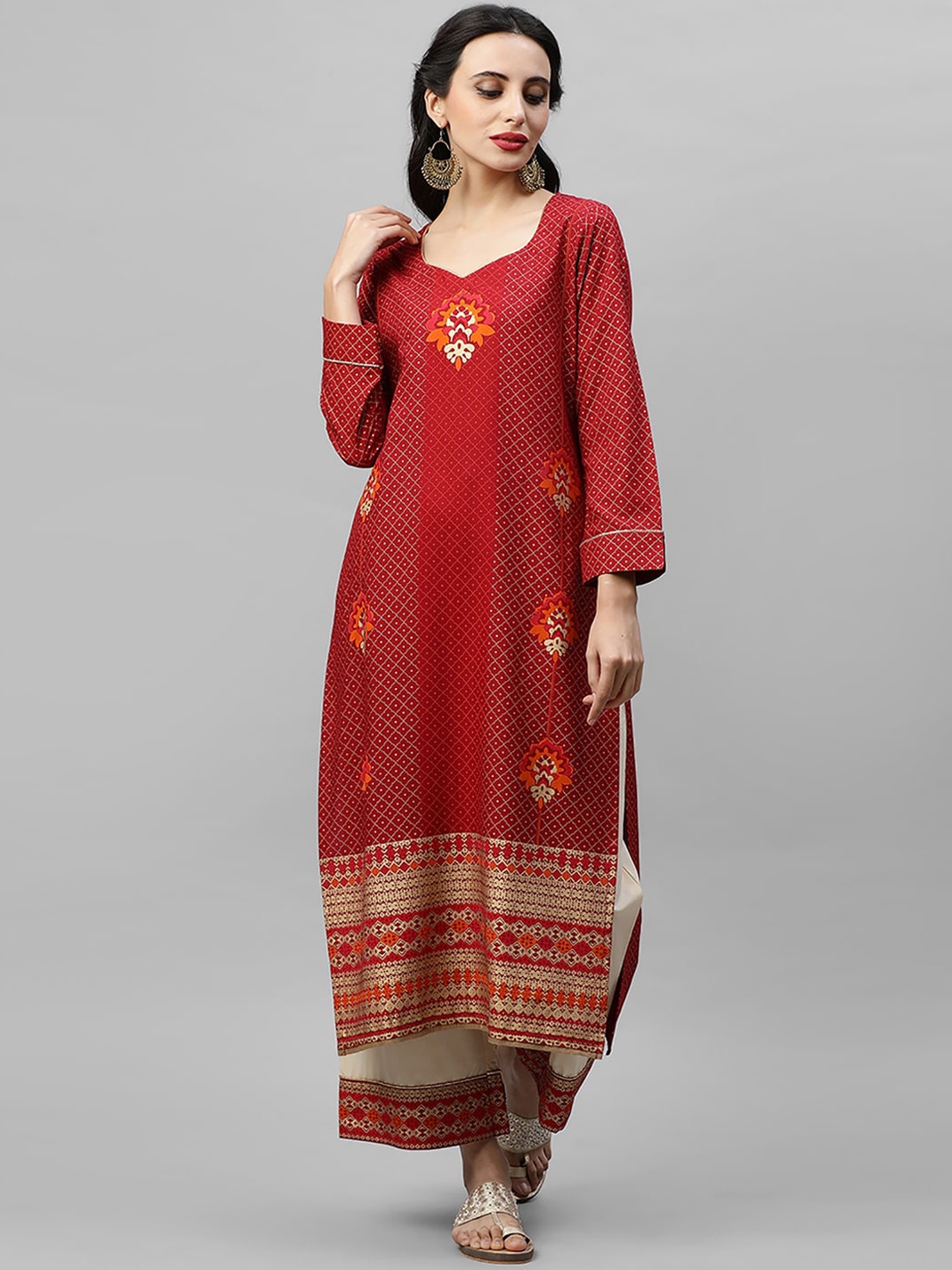 

Indo Era Women Red Ethnic Motifs Printed Kurti with Palazzos