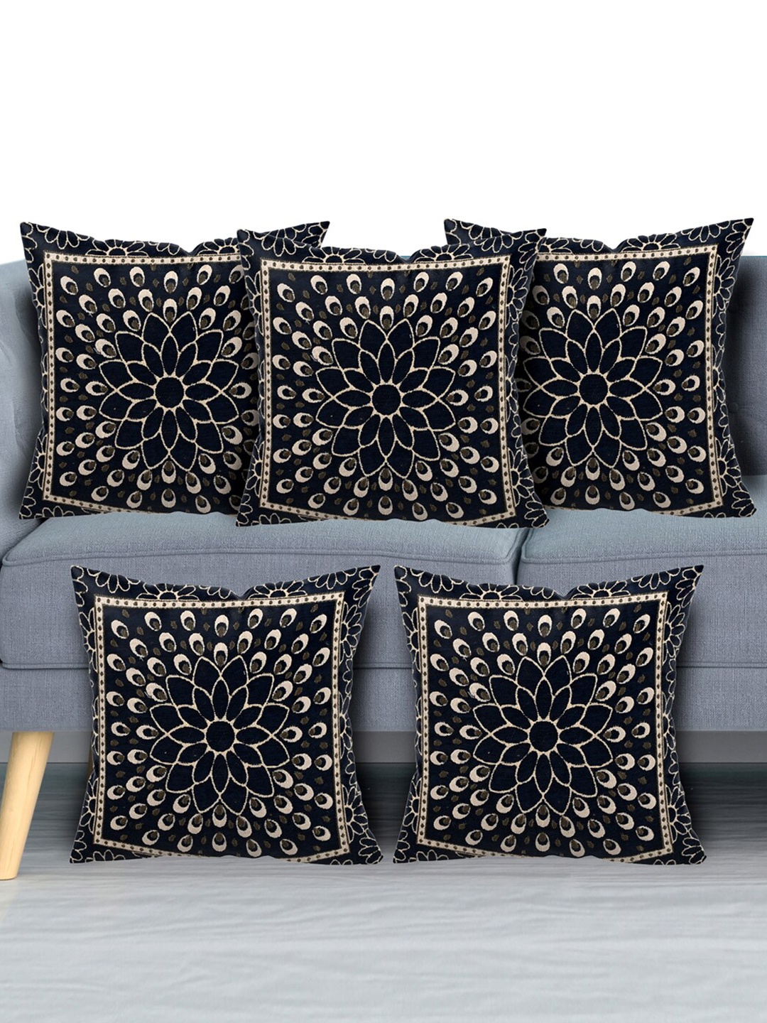 Kuber Industries Set Of 5 Navy Blue & Beige Floral Velvet Square Cushion Covers