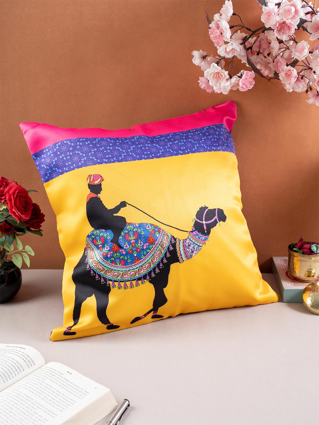 

KOLOROBIA Yellow & Blue Ethnic Motifs Satin Square Cushion Covers