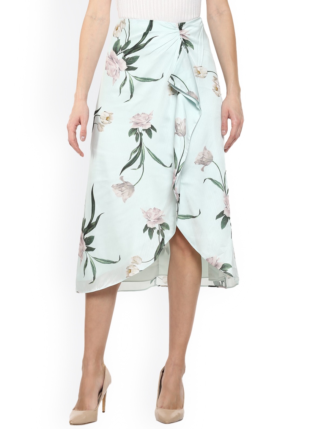 

Ted Baker Women Green Floral Printed Midi-Length High-Low Skirt