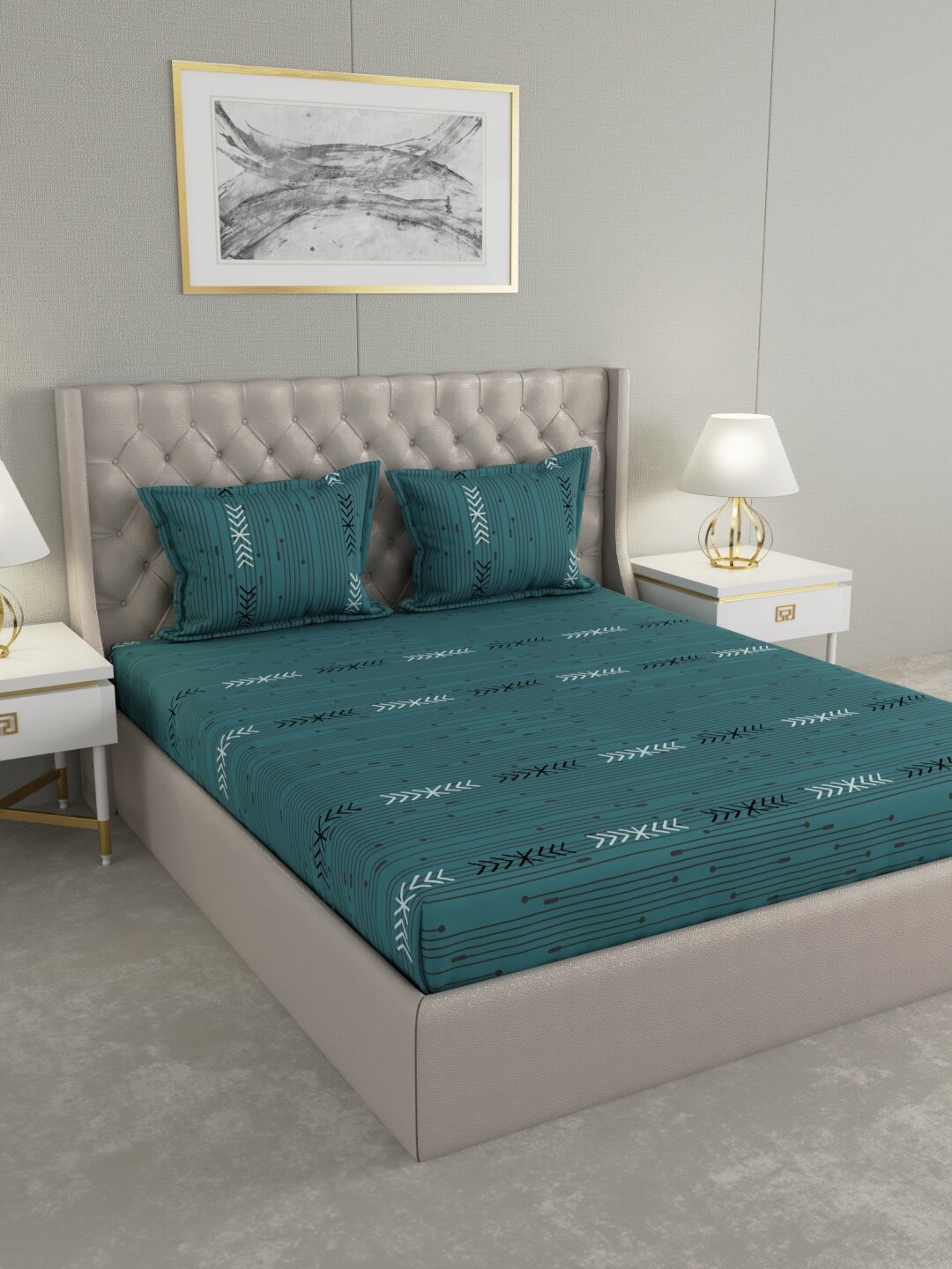 

Raymond Home Teal Green & White Geometric 104 TC Queen Bedsheet with 2 Pillow Covers