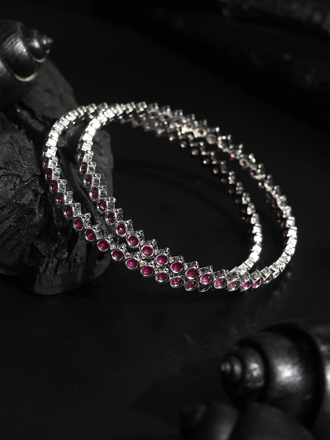 Priyaasi Set Of 2 Silver-Plated Purple Stone-Studded Handcrafted Bangles