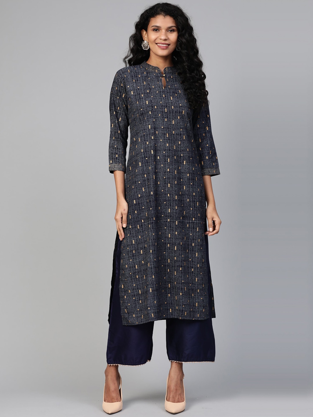 

Indo Era Women Blue Geometric Foil Printed Straight Kurta