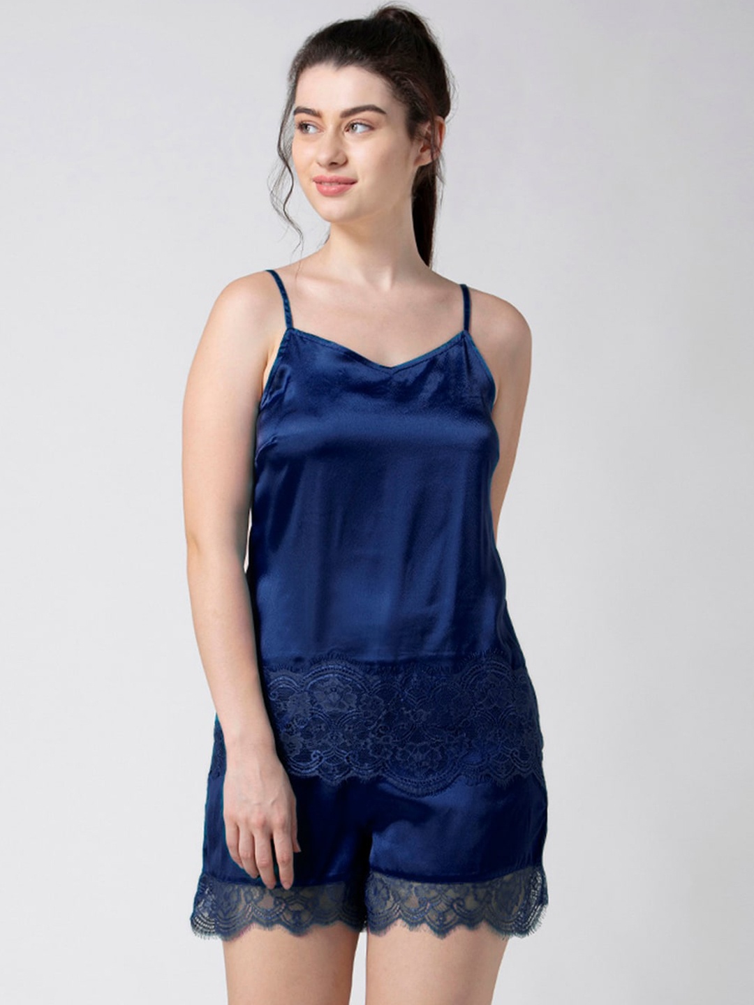 

ADORENITE Women Blue Lace Trimmed Night suit