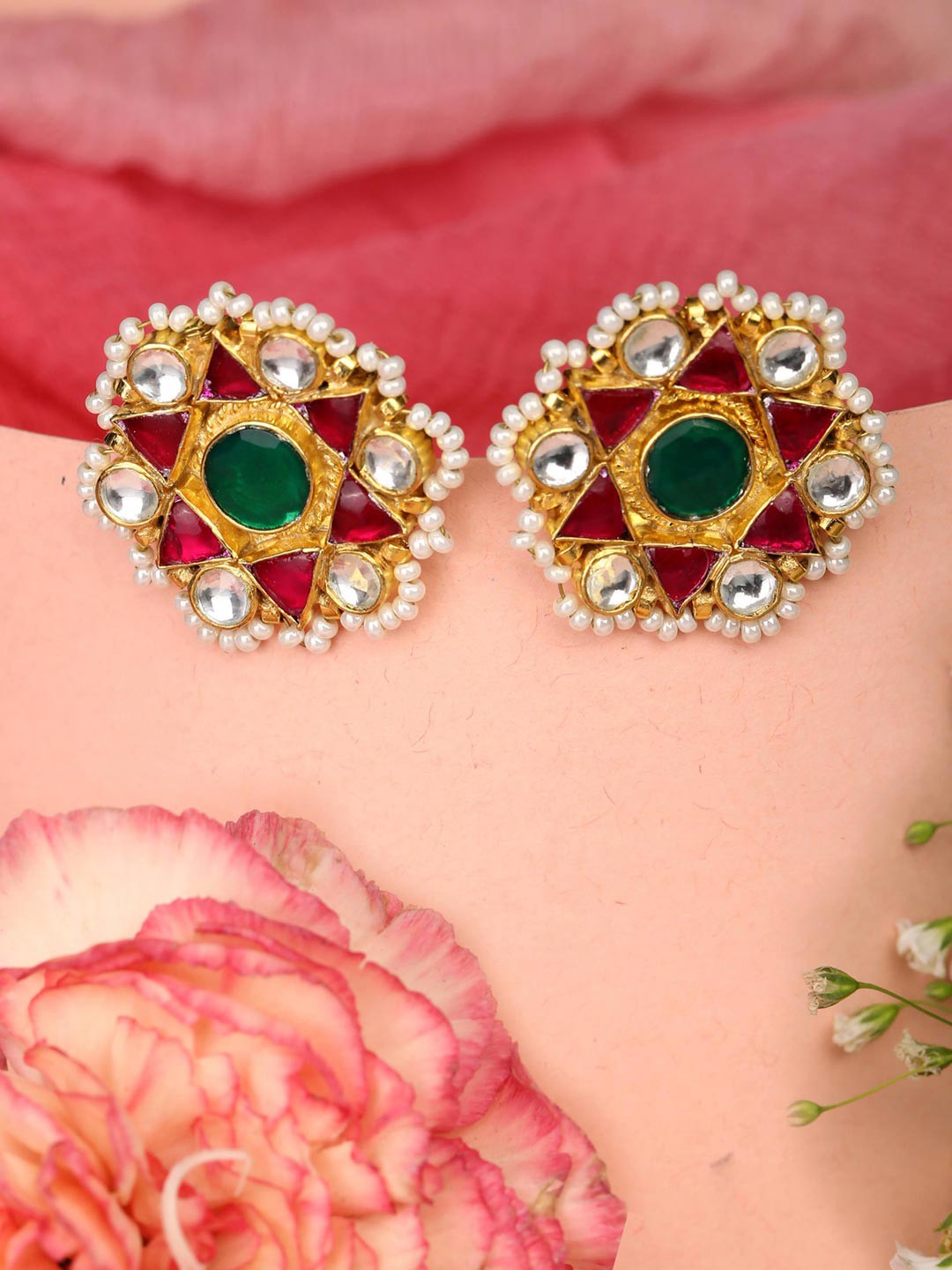 

Priyaasi Gold-Plated Red Floral Studs Earrings
