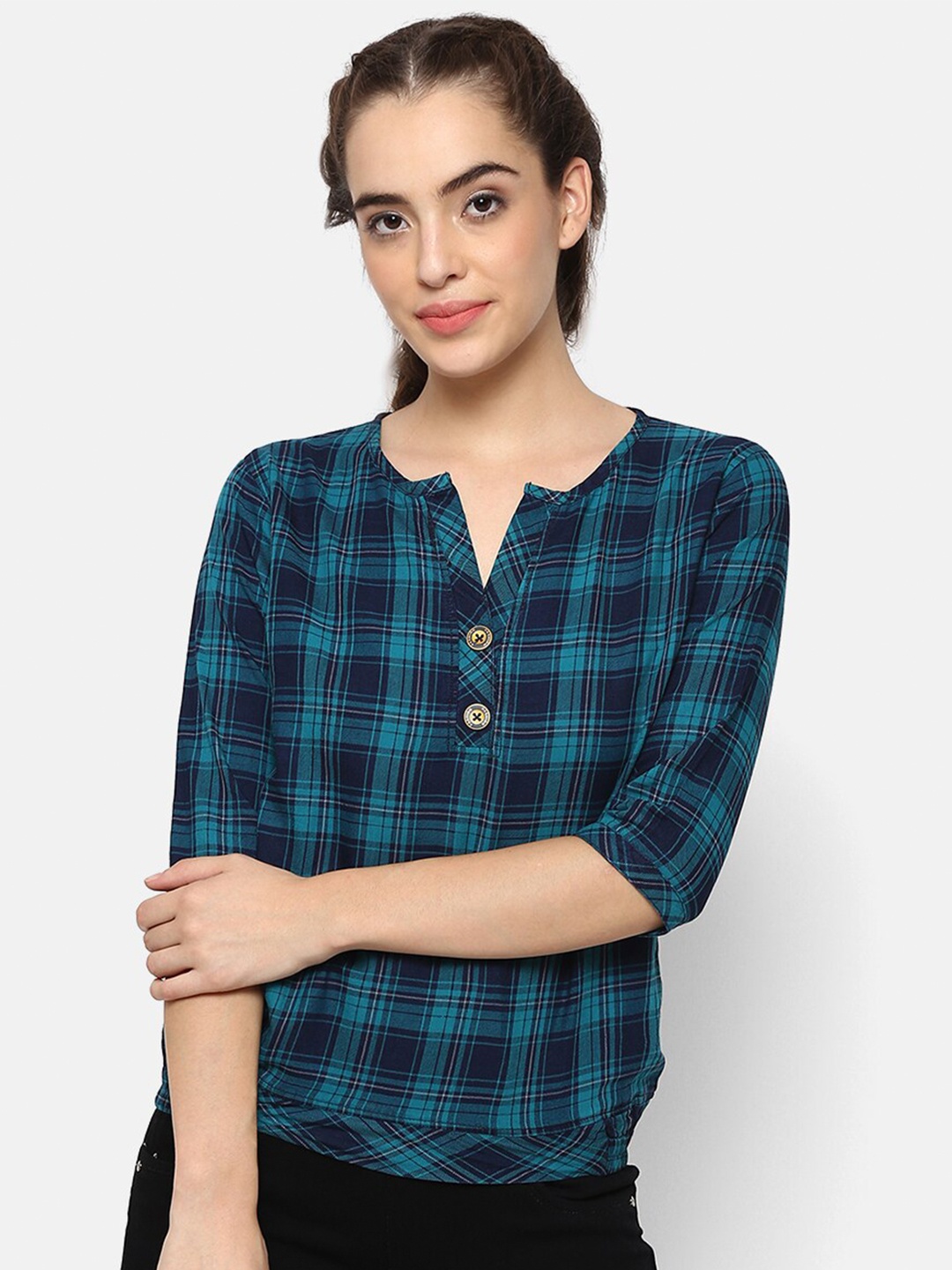

V2 Value & Variety Navy Blue & Sea Green Checked Blouson Top