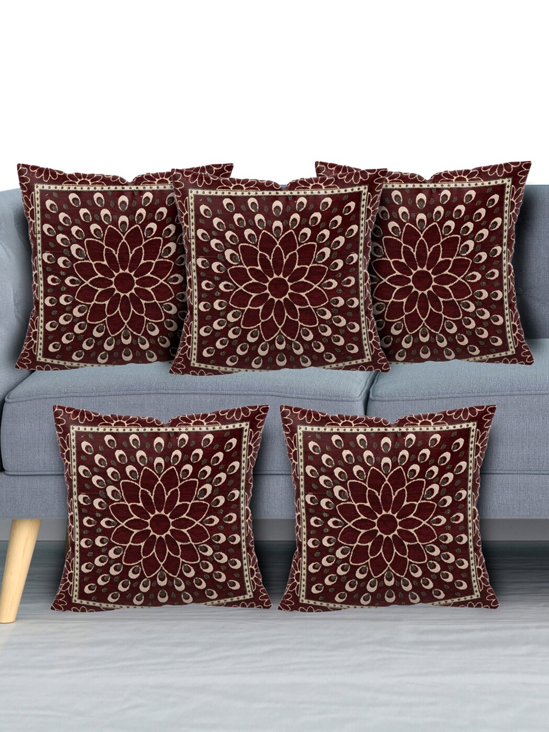 

Kuber Industries Maroon & Gold-Toned Set of 5 Floral Velvet Square Cushion Covers