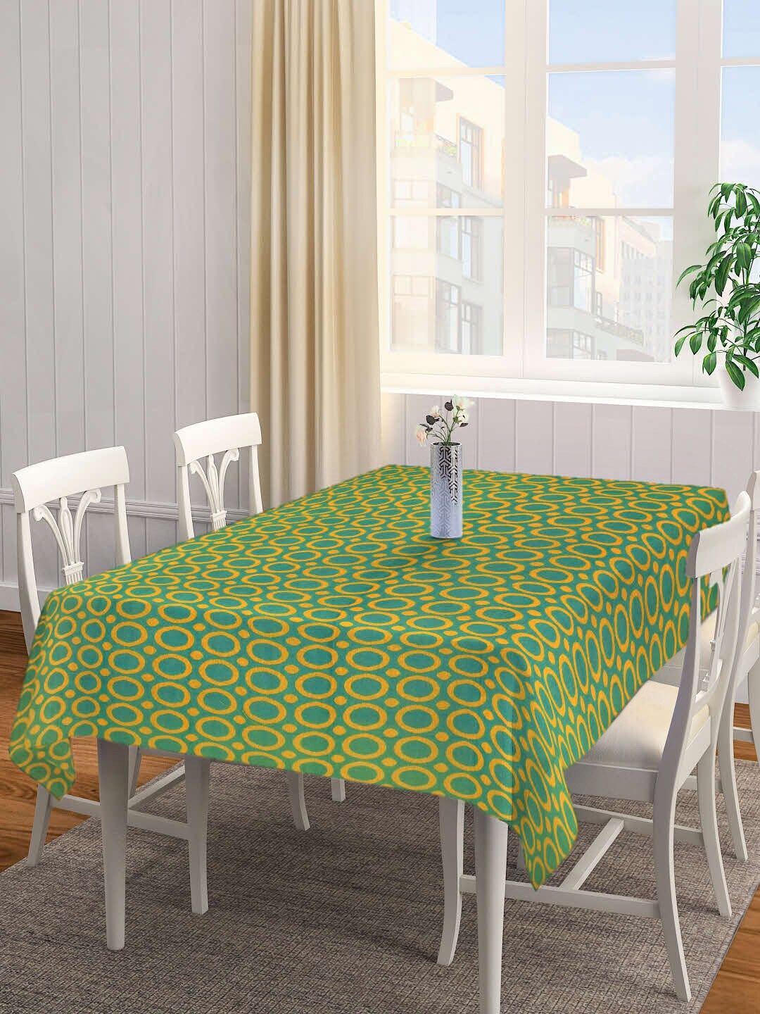 

KLOTTHE Green & Yellow Woven-Design Cotton 6-Seater Rectangular Table Cover